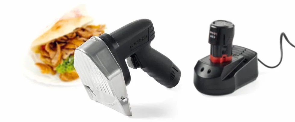 HENDI Coltello elettrico a batteria per kebab, shawarma, gyros, spessore di taglio regolabile 0-8mm, lama: 2600 rpm, 2 batterie 2000mAh, 80W, 60kg/h, 230V, 199x125x(H) 184mm, acciaio inox