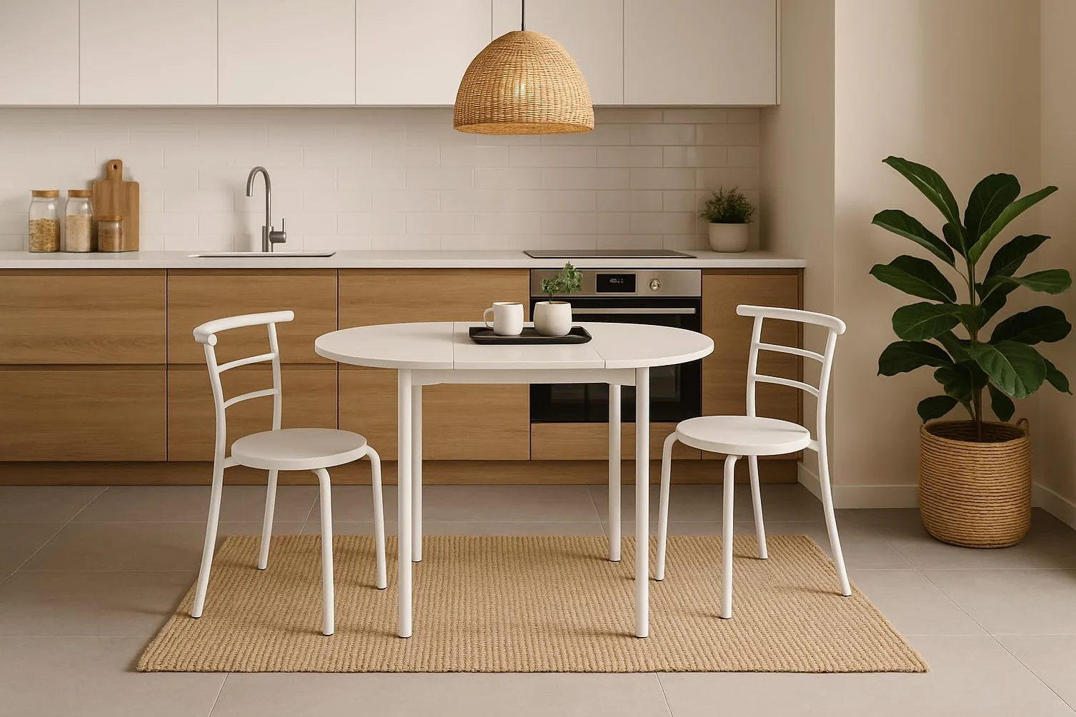 MOMMA HOME Tavolo da Cucina Allungabile e Set di 2 Sedie Modello Leva, Colore Bianco