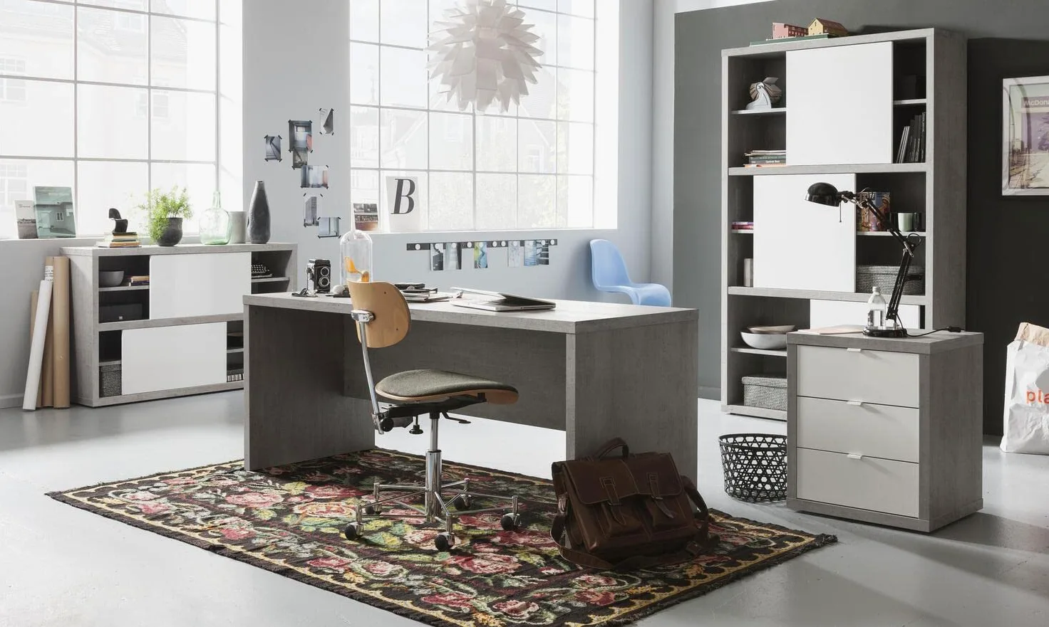 Composad | Cassettiera della Linea PRATICO con 3 cassetti, Cassettiera Scrivania per Ufficio, (LxAxP) 55x65,50x45,20 cm, Colore Cemento e Bianco Laccato, Made in Italy