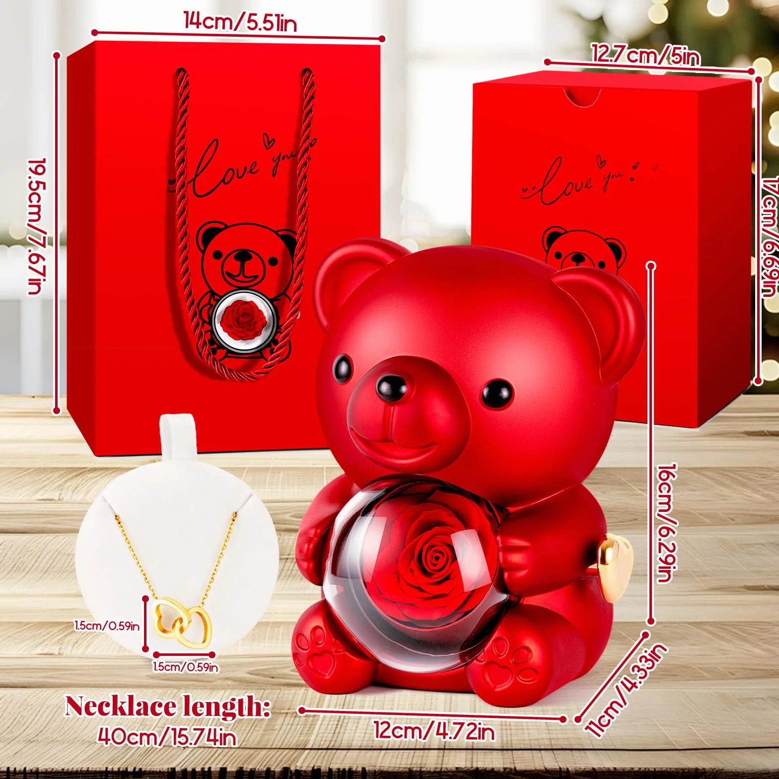 Orso di Rosa Eterna con Collana a Cuore, Orsetto Stabilizzato, Regalo San Valentino per Donna