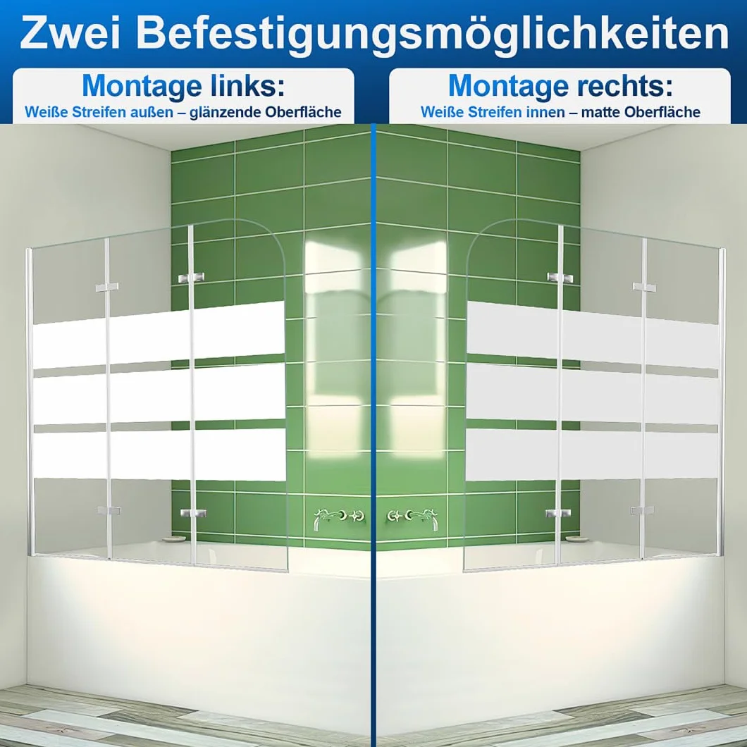 Pannello doccia per vasca da bagno, 120 x 140 cm, pieghevole, 3 pezzi, in vetro di sicurezza EGS da 6 mm, per doccia e vasca da bagno, strisce bianche