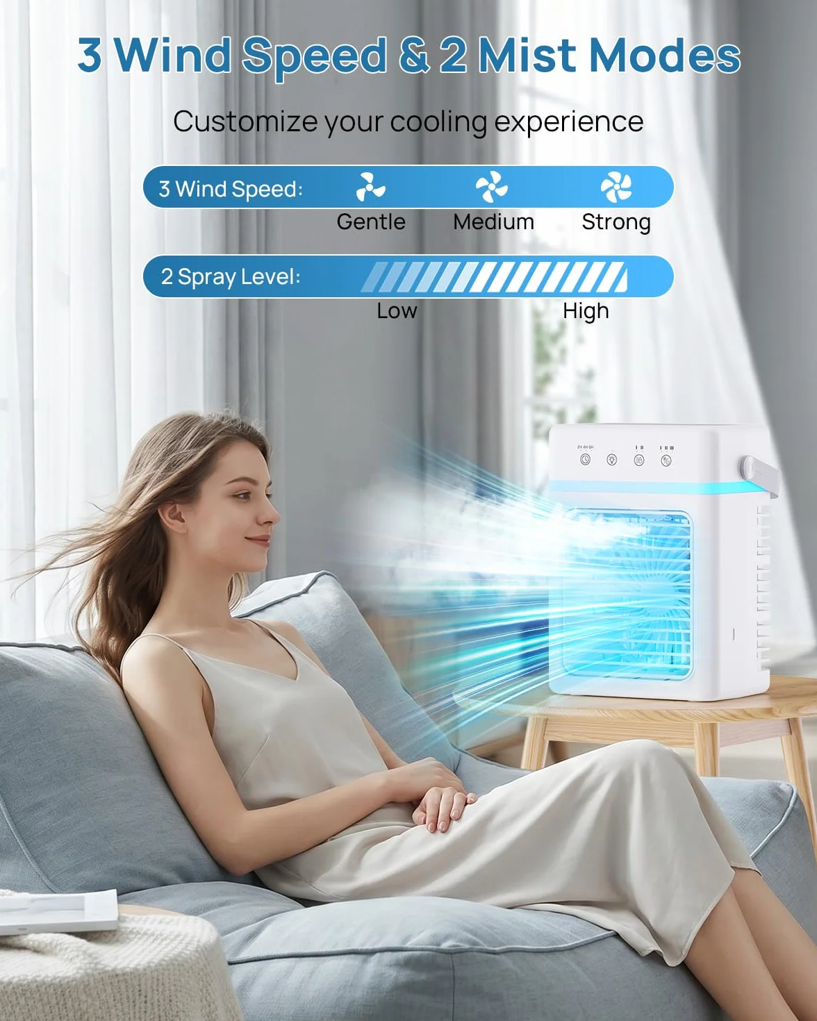 Condizionatore Portatile 900ml Silenzioso, Raffreddatore D'aria 3 Velocità & 3 Modalità, Climatizzatore USB con Nebulizzazione 4μm, Luci LED & Risparmio Energetico, Ideale per Casa, Ufficio, Campeggio