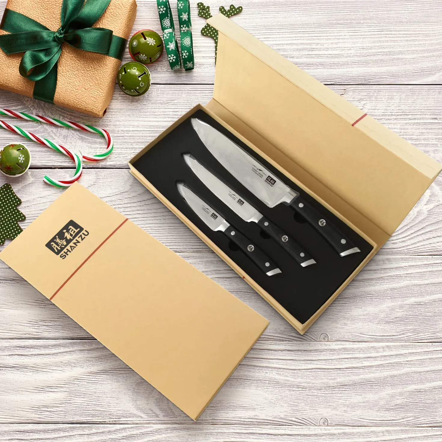 SHAN ZU Set di Coltelli da Cucina 3 Pezzi Acciaio Inox Ultra Affilati 20 cm 15 cm 9,5 cm