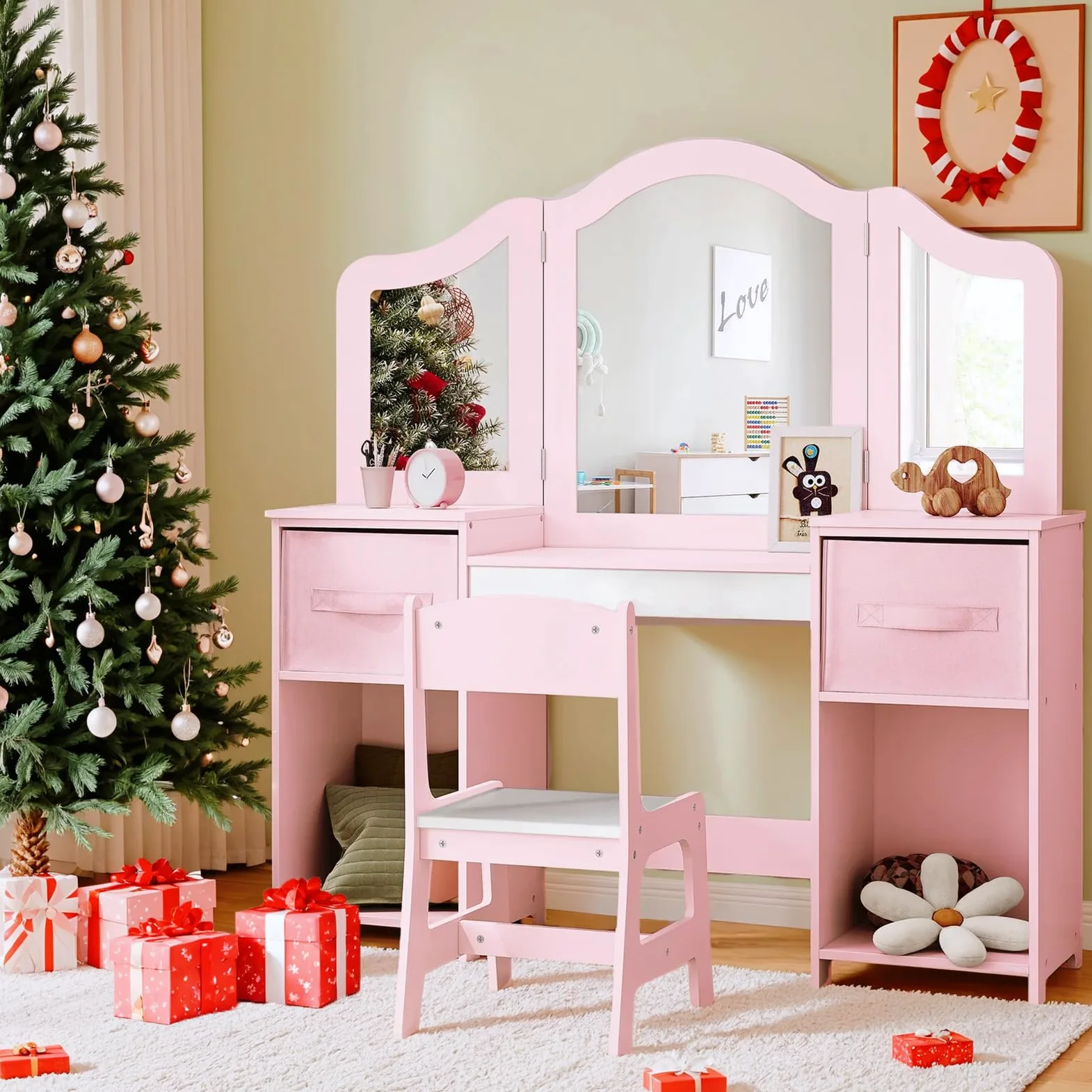 Clevich Toeletta per Bambini in Legno, Con Specchio Staccabile, Cassetti in Tessuto e Sedia, Scrivania per Bambini Robusta, Toeletta Trucco 2 in 1 per Bambina per 3 Anni, 108x30x114 cm (Rosa-Bianco)