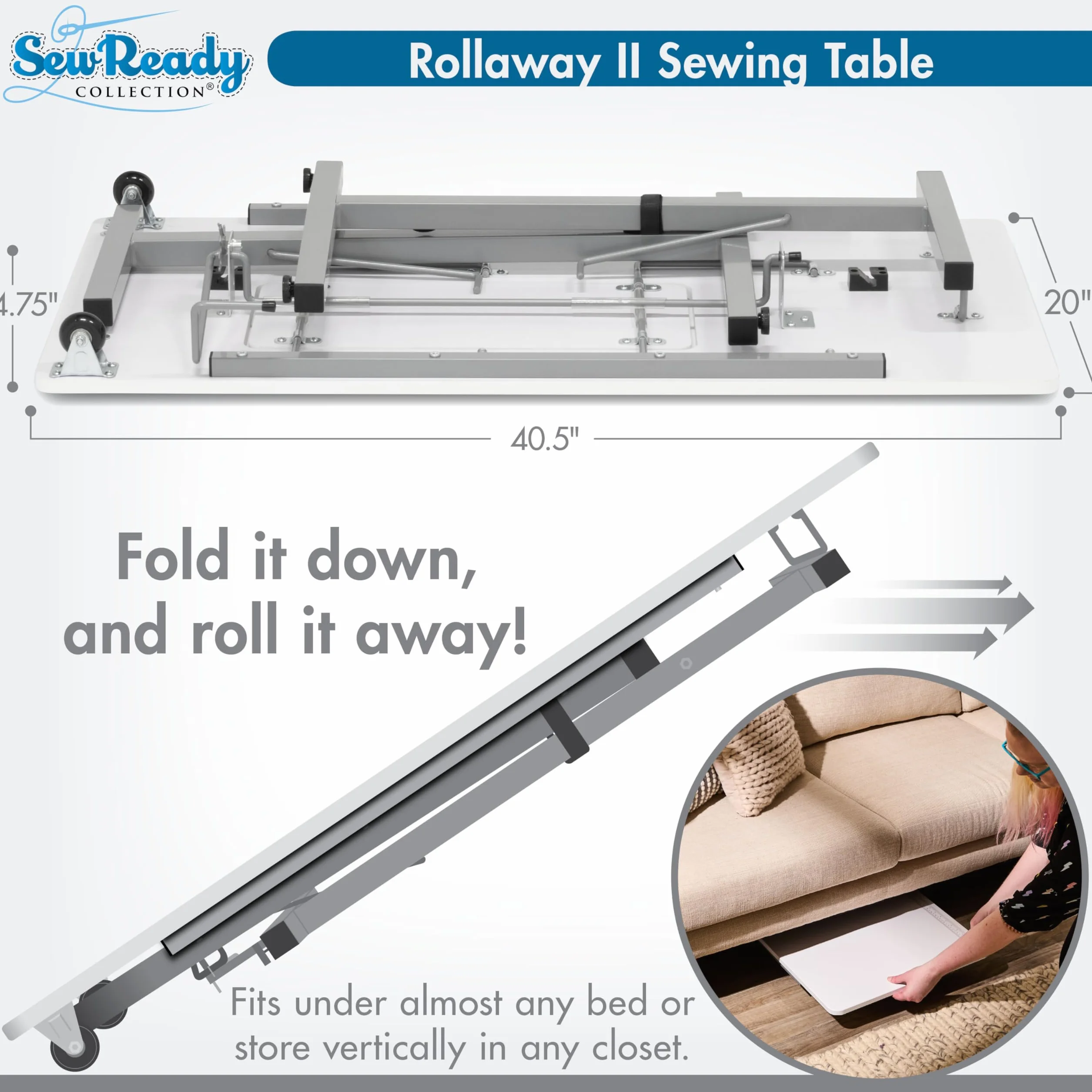 Sew Ready Rollaway II - Tavolo da cucito pieghevole, portatile, compatto, colore: Argento e bianco