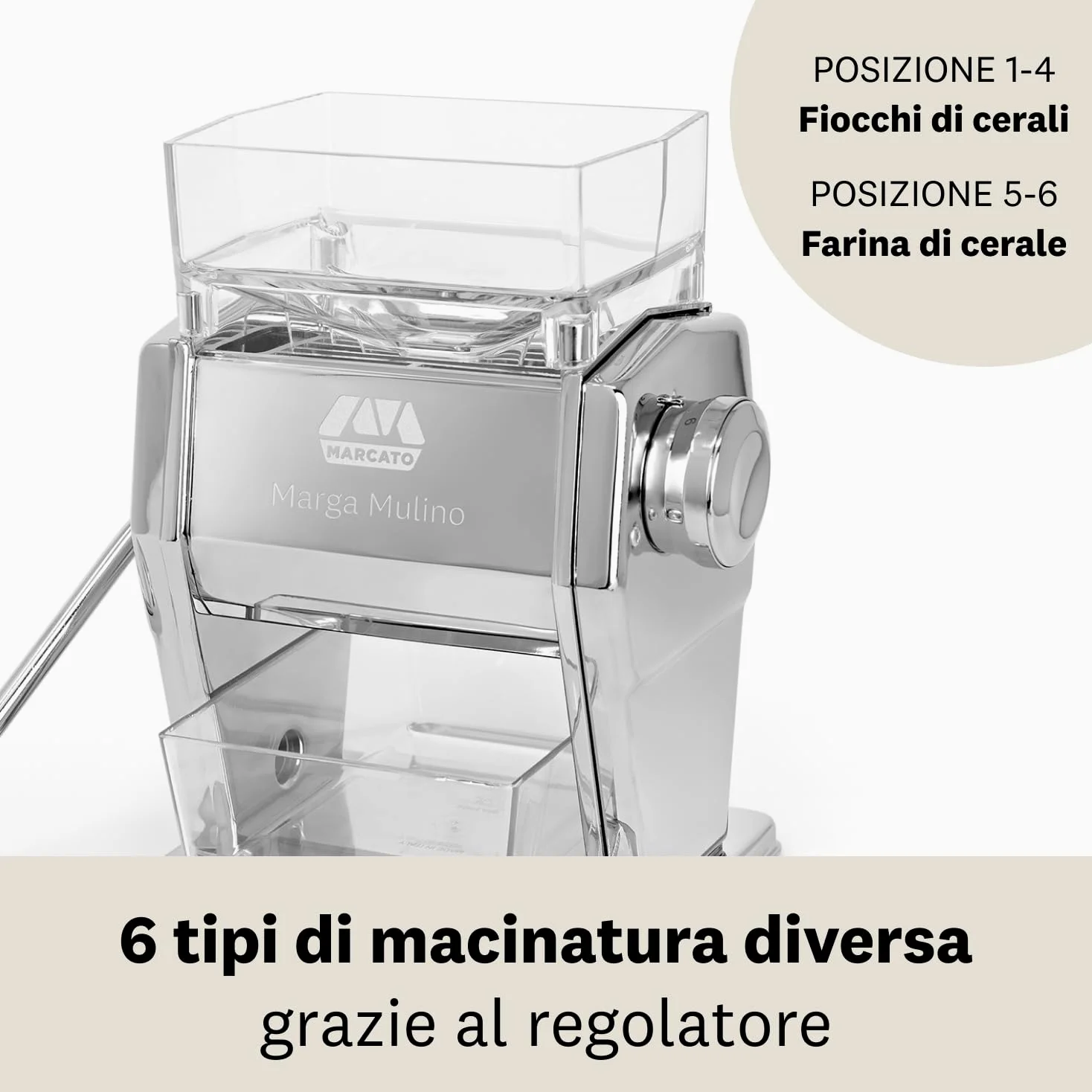 Marcato Mulino Macina Cereali, Acciaio e Alluminio, Argento, Linea Premium.