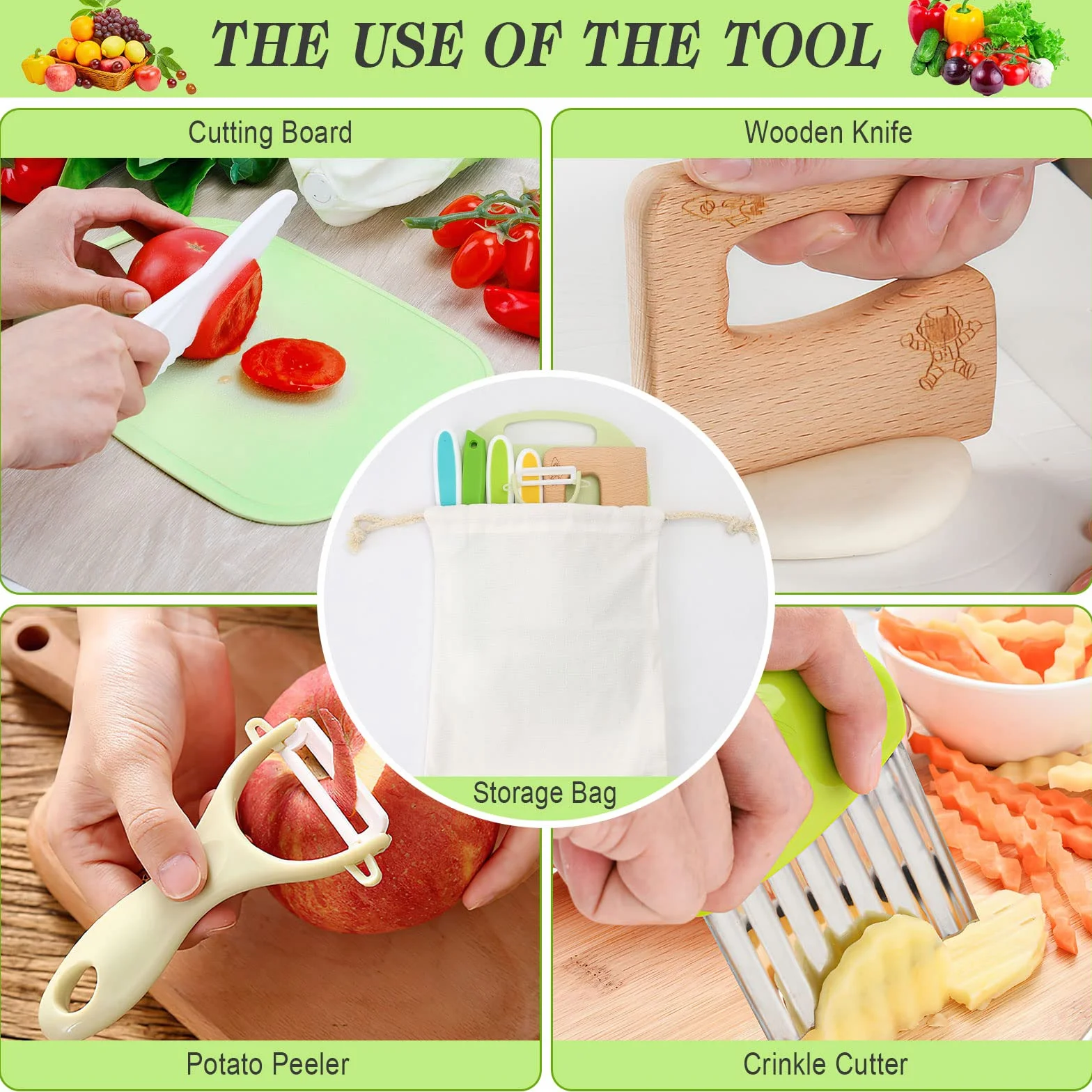 Set Coltelli Cucina per Bambini 9 PZ, Inclusi Coltelli Bambini Plastica per Tagliarecon, Coltello Legno, Coltelli Patate, Coltello Onda, Pelapatate, Tagliere per Tagliare e Cucinare, Frutta e Verdura