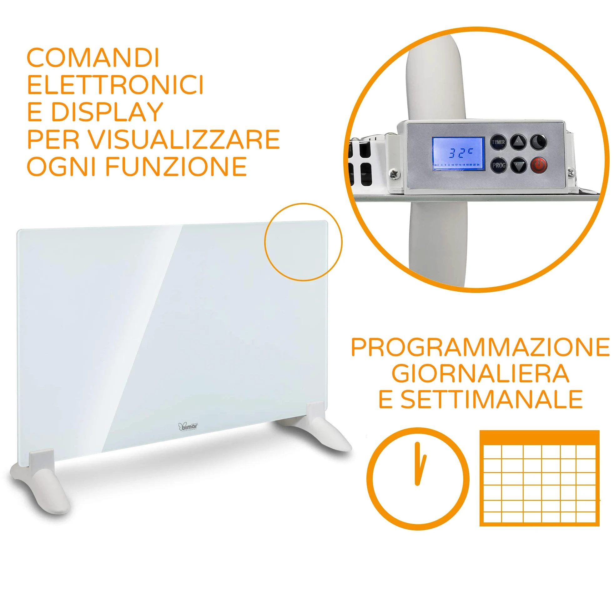 Bimar HC508 Termoconvettore a Muro o Pavimento, Riscaldatore Convezione Naturale, Corpo Metallo e Pannello Frontale in Vetro, Stufa Elettrica da Parete, Protezione IP24 (Spruzzi Acqua)