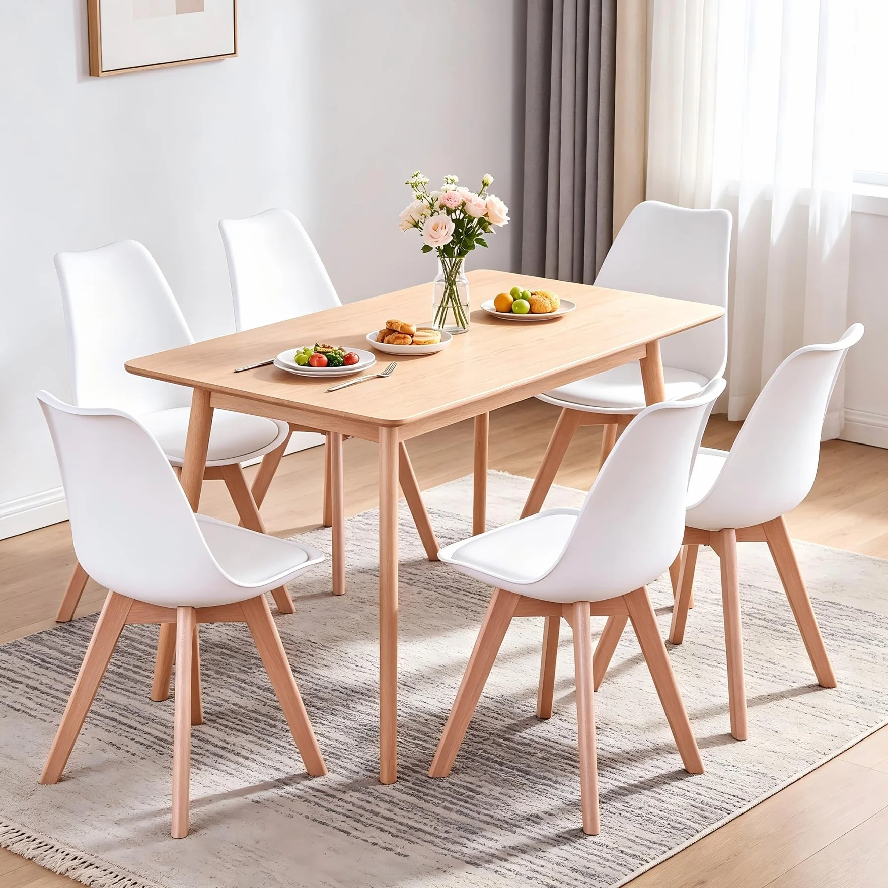 Set di 8 Sedie da Pranzo con Seduta Imbottita e Gambe in Legno di Faggio, ideali per Sala da Pranzo, Cucina, Soggiorno, Camera da Letto, Colore: Bianco