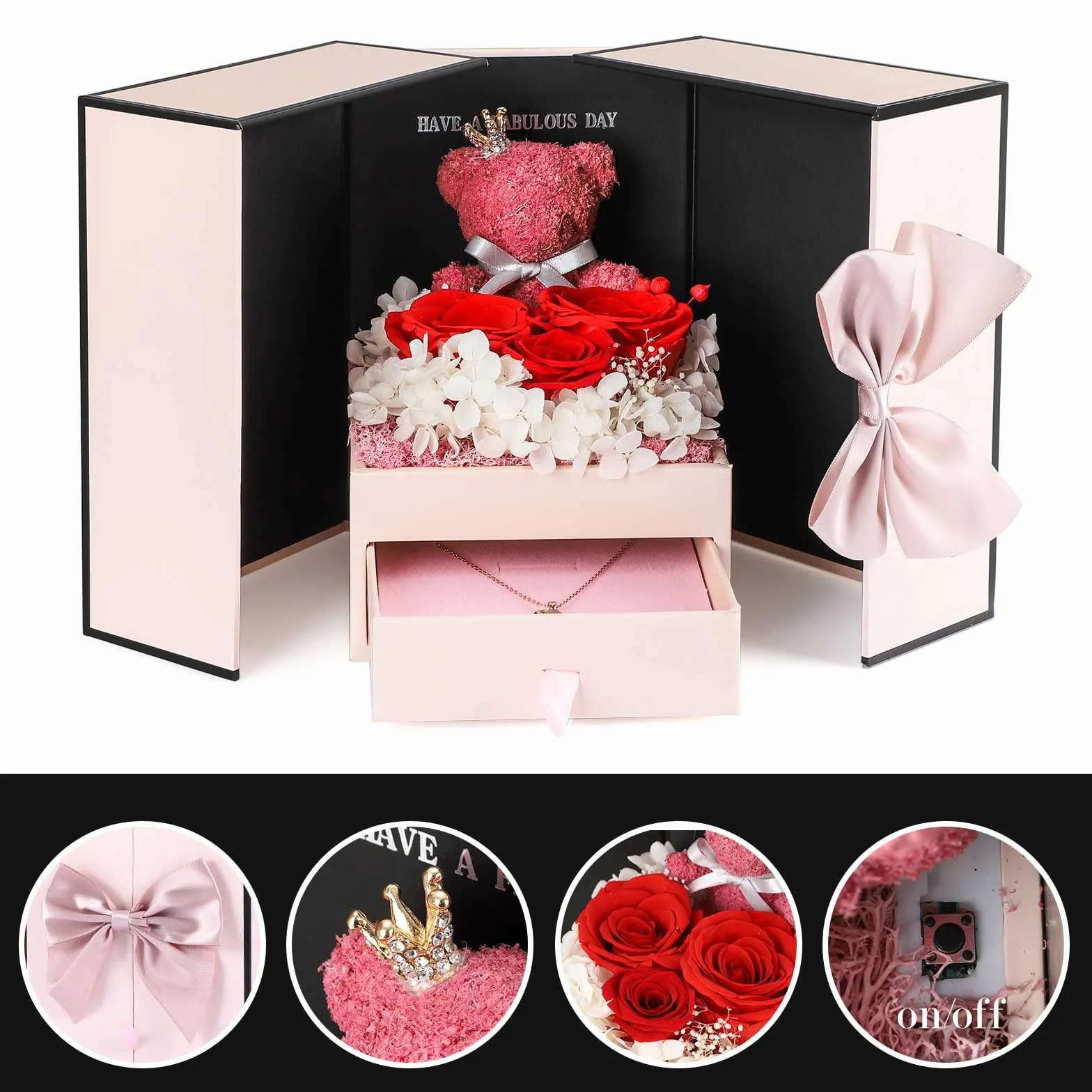 ADDWel Rosa Stabilizzata Eterna con Collana e Orsetto di Rose, Idee Regalo Compleanno per Donna Mamma Fidanzata Moglie