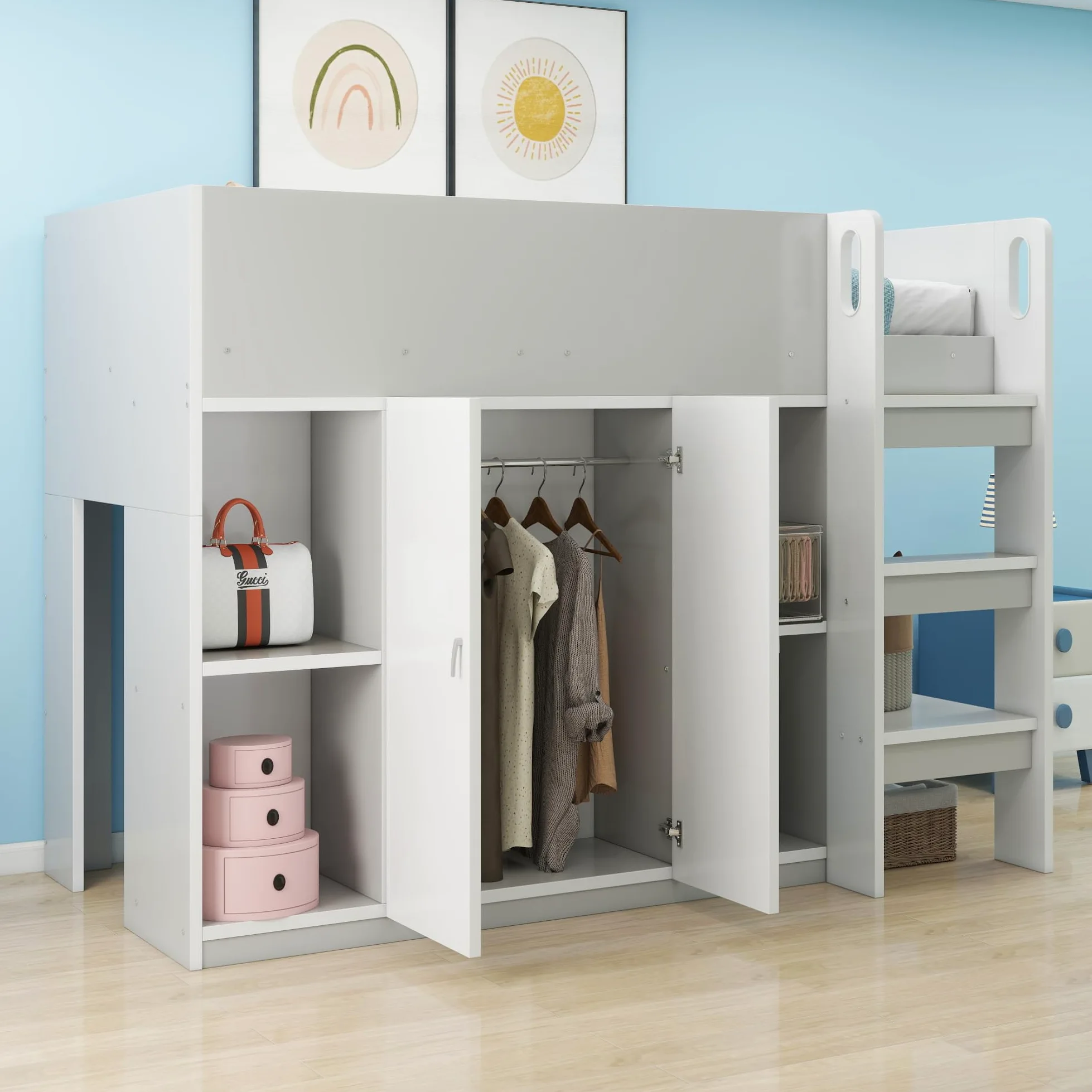 Azkoeesy Letto a Soppalco Singolo con Armadio, 90x200 cm, Spazio di Archiviazione, Scale, Ringhiera e Doghe, per Adolescenti e Adulti, in Truciolame, Grigio