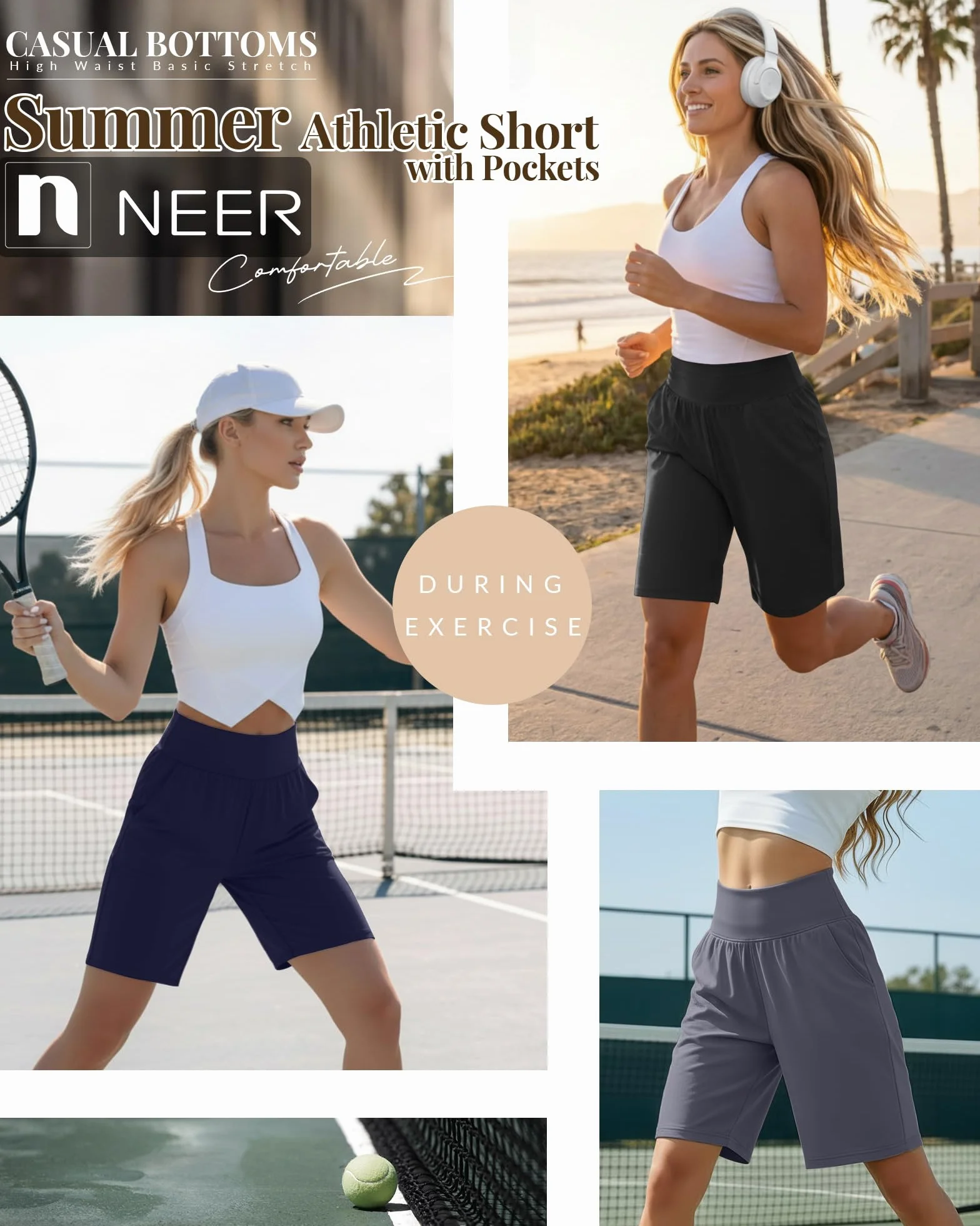 Neer Confezione da 3 Bermuda da Donna a Vita Alta, Elasticizzati Casual, Lunghezza al Ginocchio Estivi Atletici con Tasche