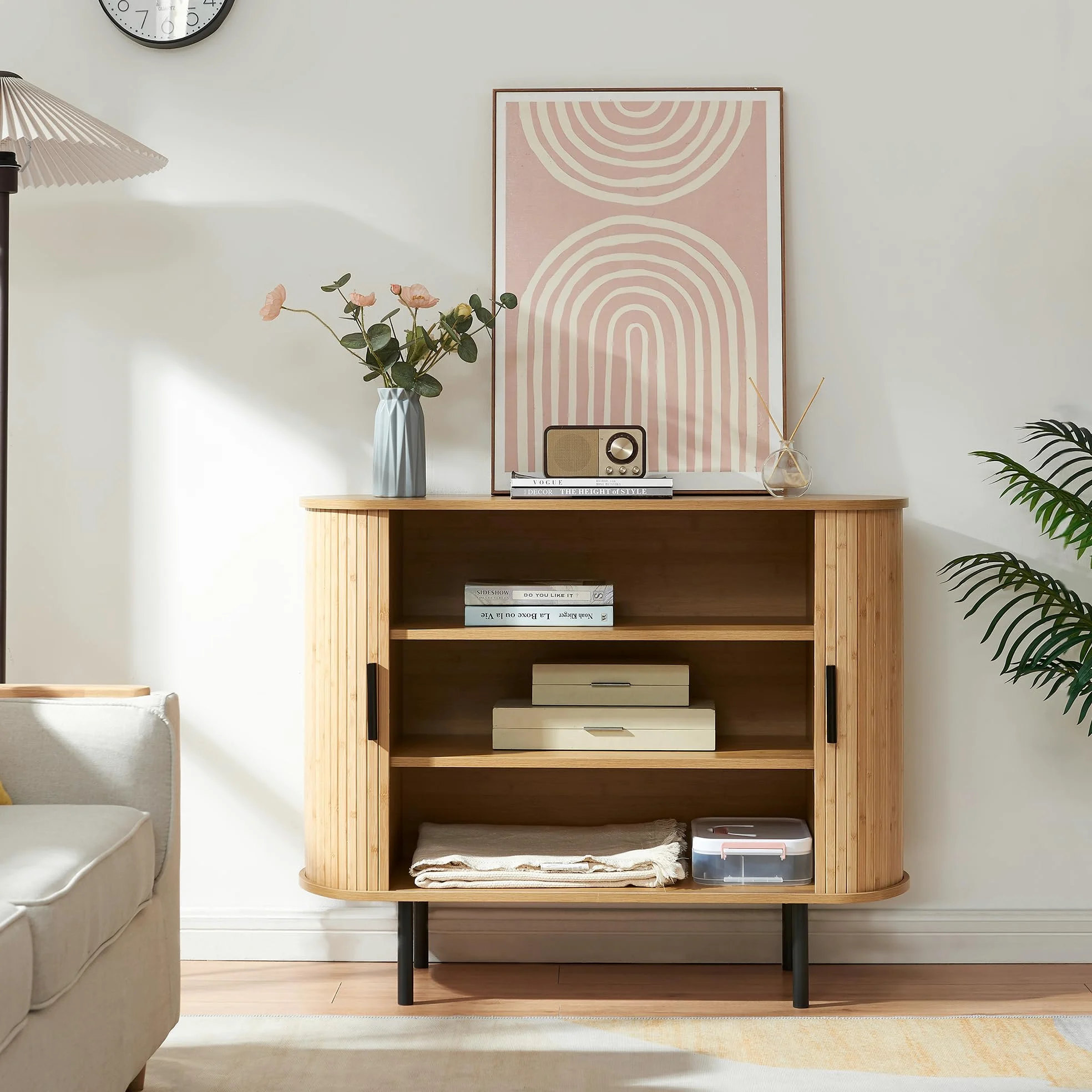 [en.casa] Mobile Multiuso a 2 Ante Scorrevoli in Bambù Scarpiera con 3 Ripiani Vani Portascarpe Comò Stretto Piano Ovale per Ingresso Soggiorno Camera da Letto 100x40x80 cm - Naturale/Nero