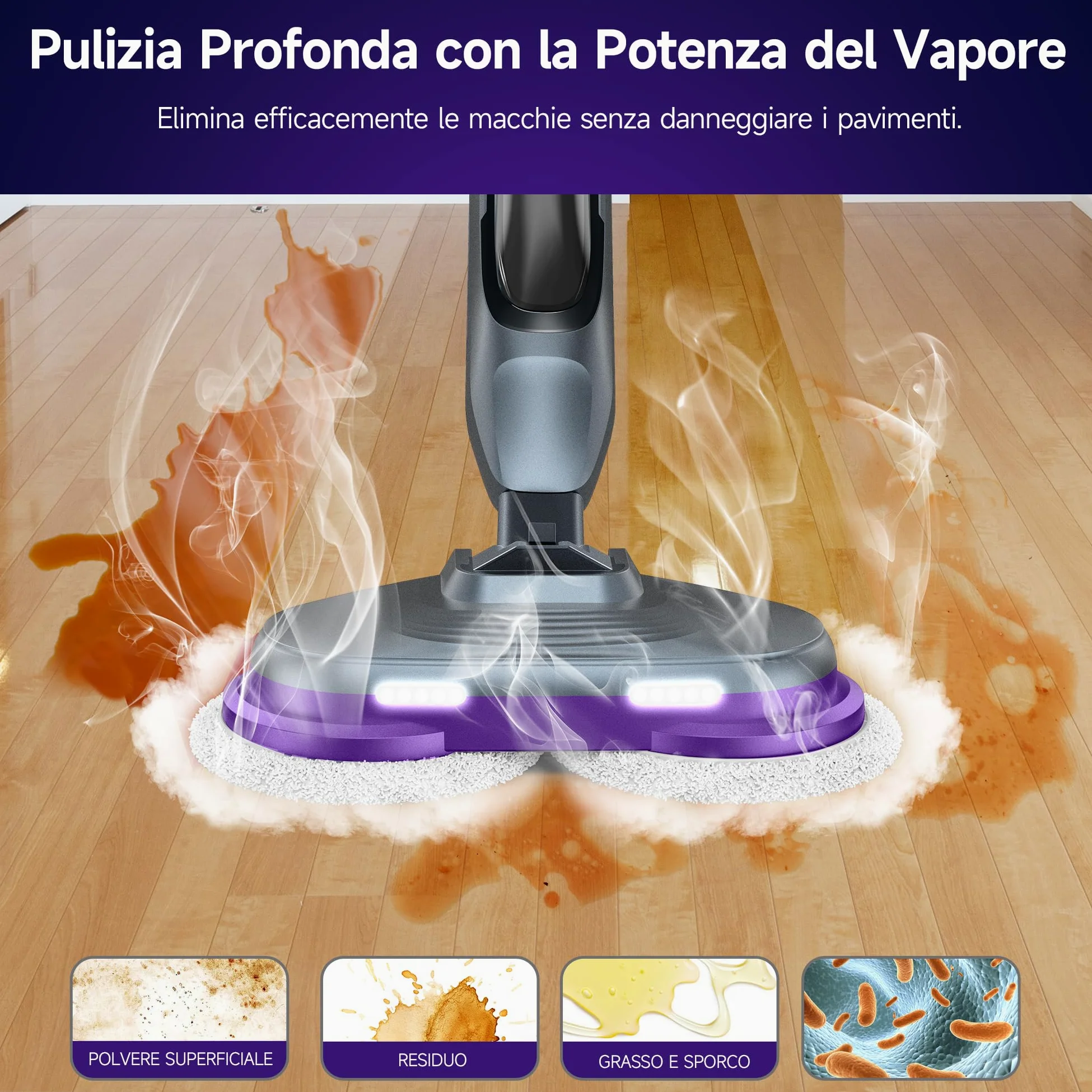 AlfaBot F2 Lavapavimenti a Vapore - Scopa a Vapore con Disinfezione 99.9% di germi e batteri, Vapore pronto in 30s, 450 ML, per tutti i tipi di Pavimenti Duri, Senza Uso di Detergenti