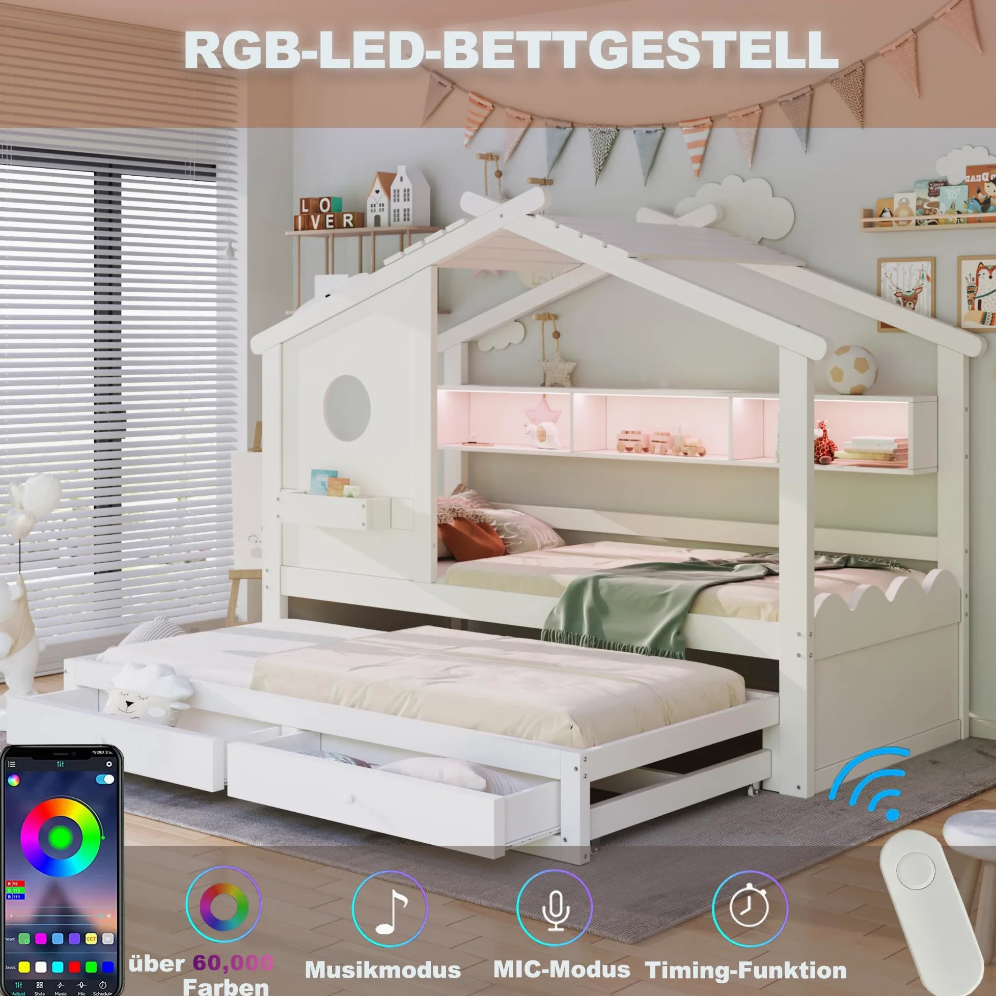 Letto Casetta per Bambini Ragazzi 90x200 con letto estraibile 90x190, Letto a Forma di Casa con LED e Porte di ricarica USB, 2 Cassetti e Ripiani, Struttura letto in Legno Massiccio(Senza Materasso)