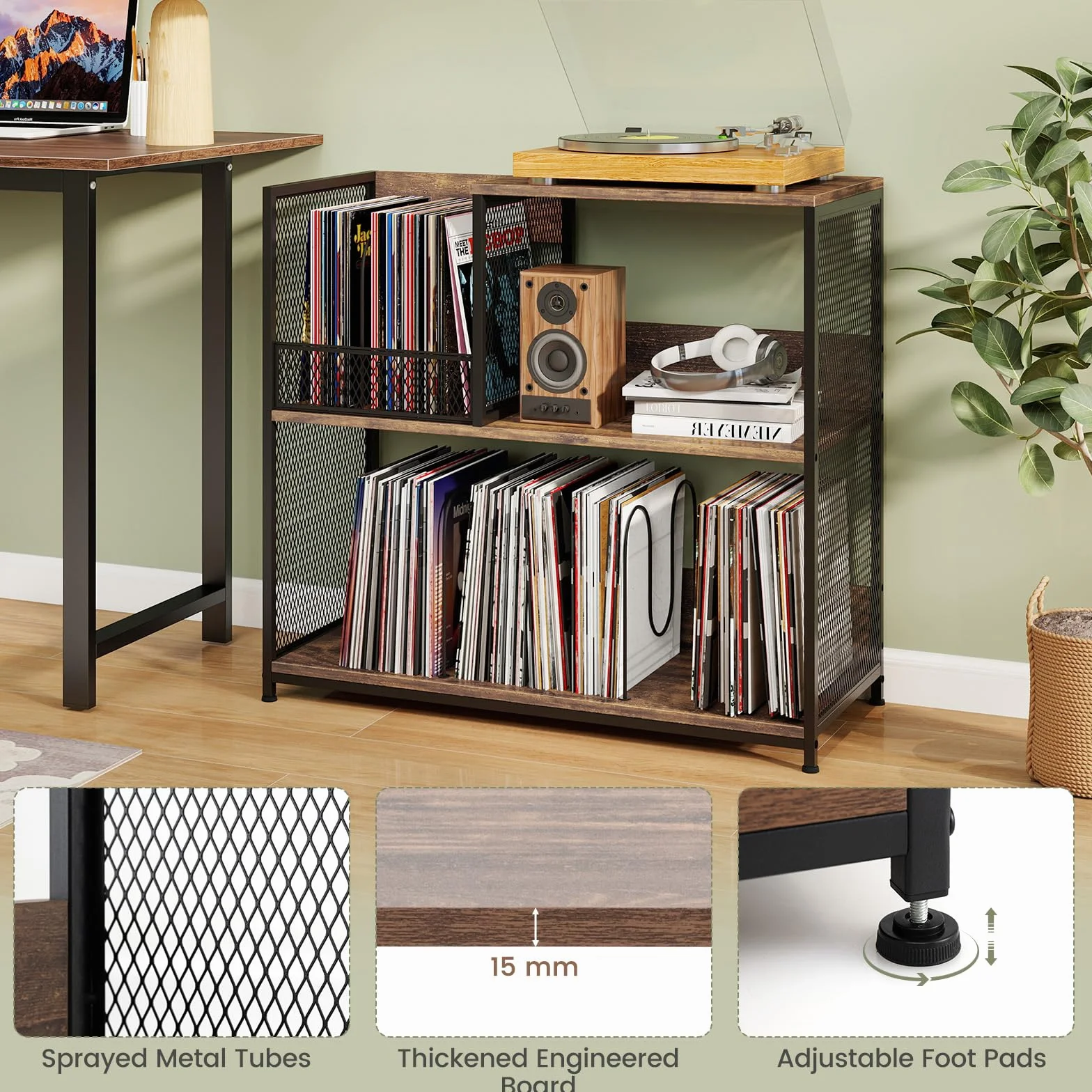 GIANTEX Supporto per giradischi a 3 livelli, espositore per dischi in vinile per 300 album, 3 divisori rimovibili, portadischi per album, telaio in metallo, libreria scaffale per soggiorno, studio