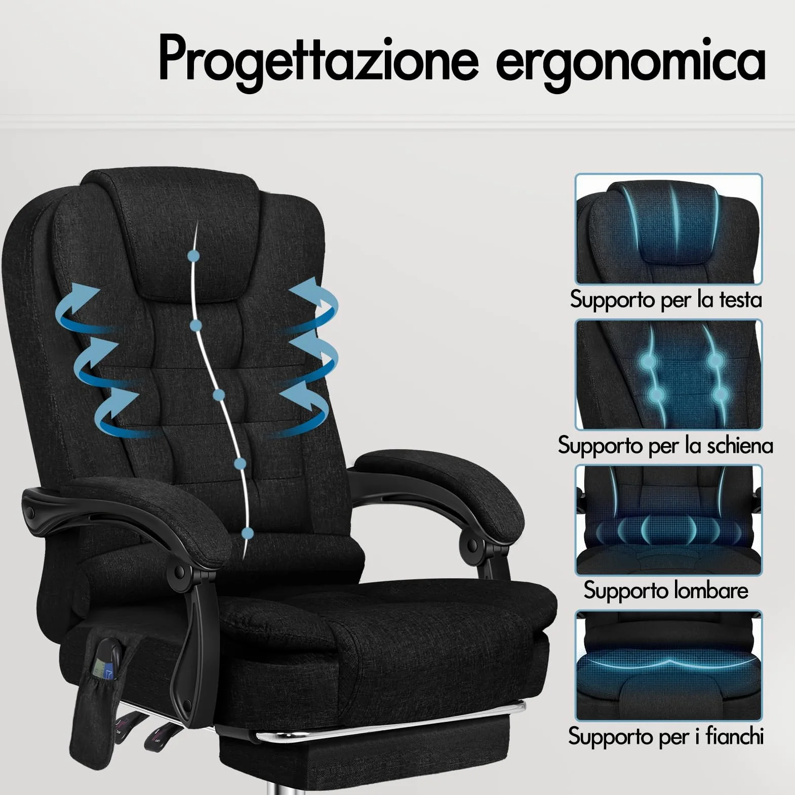 ALFORDSON Sedia Scrivania con Massaggio, Sedia Ufficio Ergonomica con Sedile riscaldato, Supporto Lombare e Poggiapiedi, Poltrona Girevole per Ufficio e Studio Sala Riunioni, Tessuto(Nera)