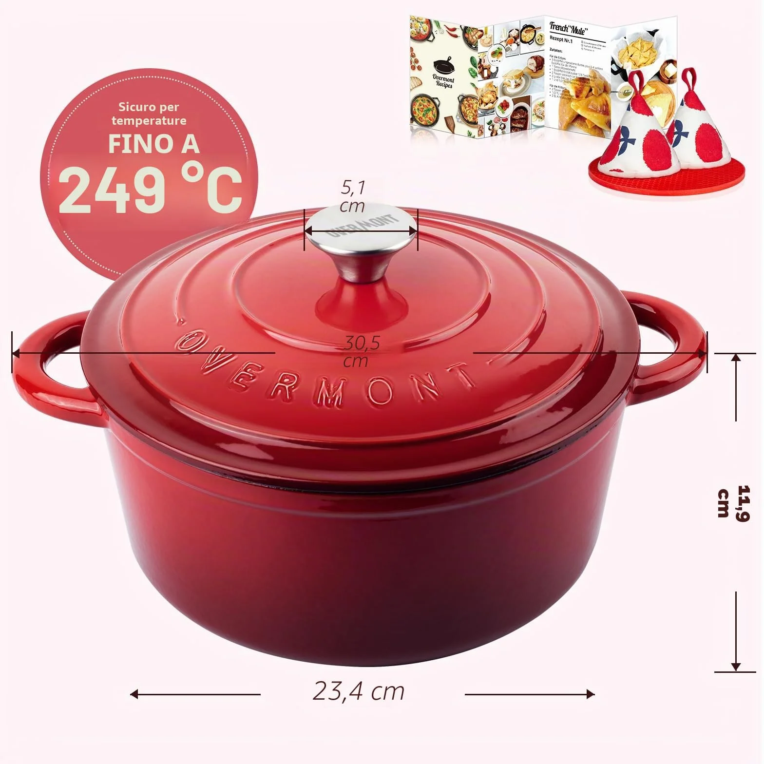 Overmont Casseruola in Ghisa Smaltata - Antiaderente Forno Olandese con Coperchio - Ø26 CM Rotonda Cocotte per Adatto a Piani di Cottura e Forni a Induzione - Rosso