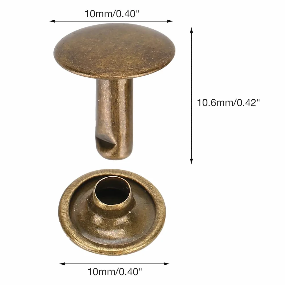 Set di 200 Rivetti in Metallo a Doppio Cappuccio, 10x10mm, Bronzo, per Riparazioni in Pelle, Borse, Cinture, Scarpe, Decorazione