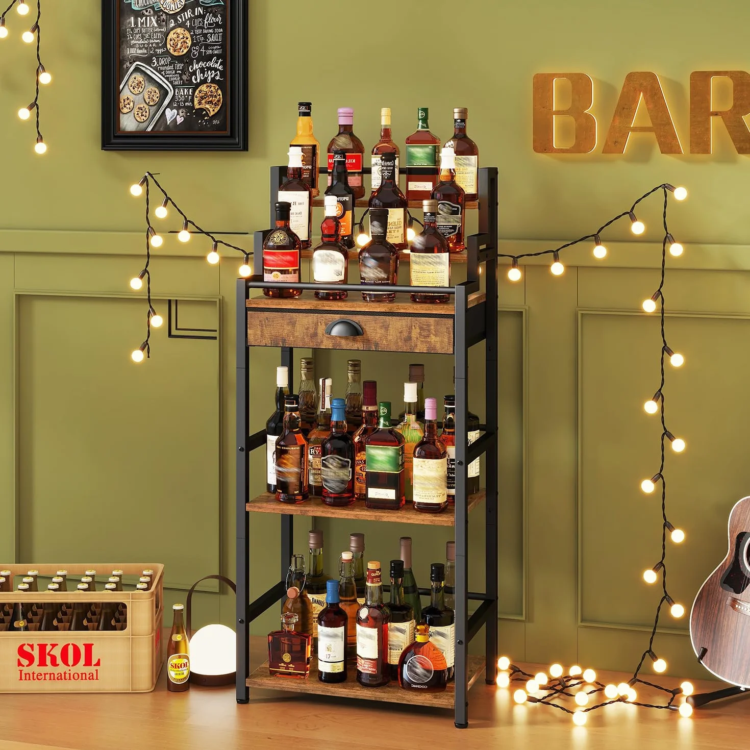 IBUYKE Portabottiglie Vino Gradini da Terra,Mobile Vino con Cassetto per Whisky,Espositore per Bottiglie di Liquori per Bar, Soggiorno, Sala da Pranzo,Marrone TMJ915H