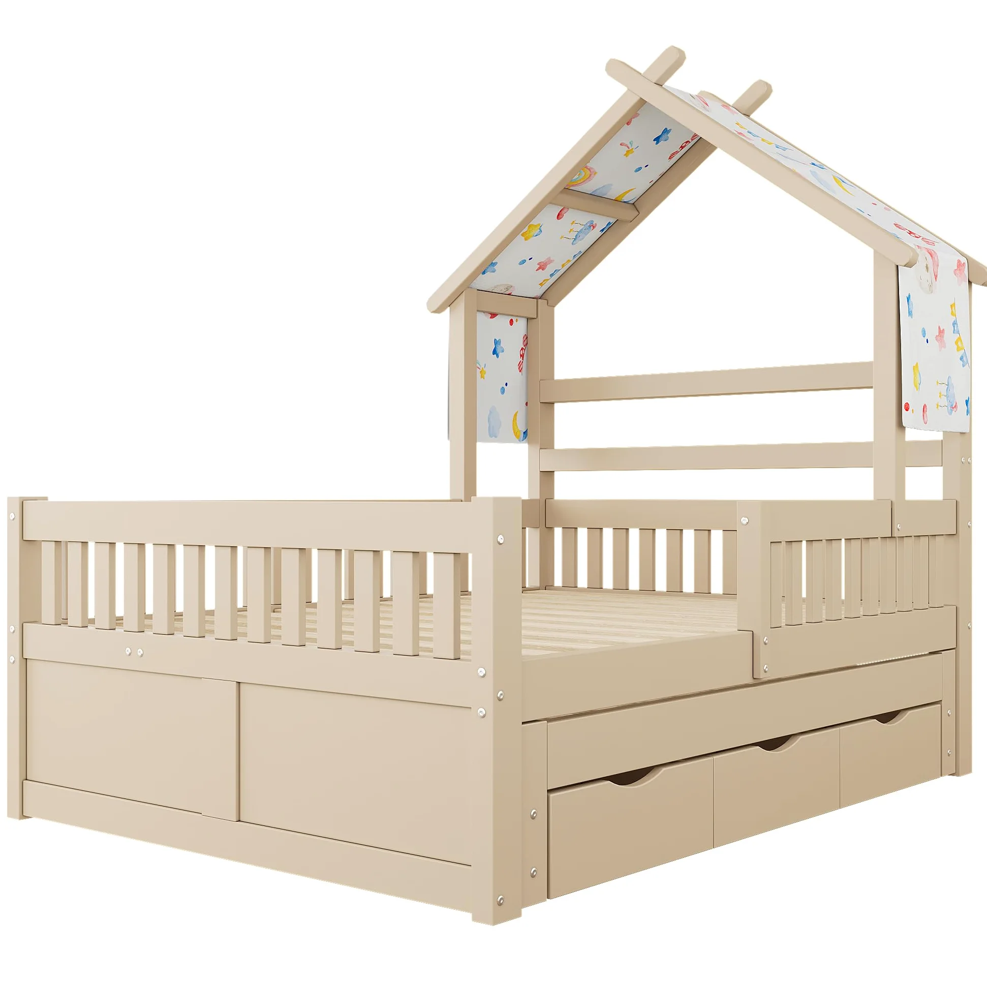 Letto Casetta per Bambini 140 x 200cm con Letto Estraibile, 3 Cassetti e Sponde di Sicurezza, Letto a Forma di Casa con Rete a doghe, Struttura letto in pino (Senza Materasso) Crema