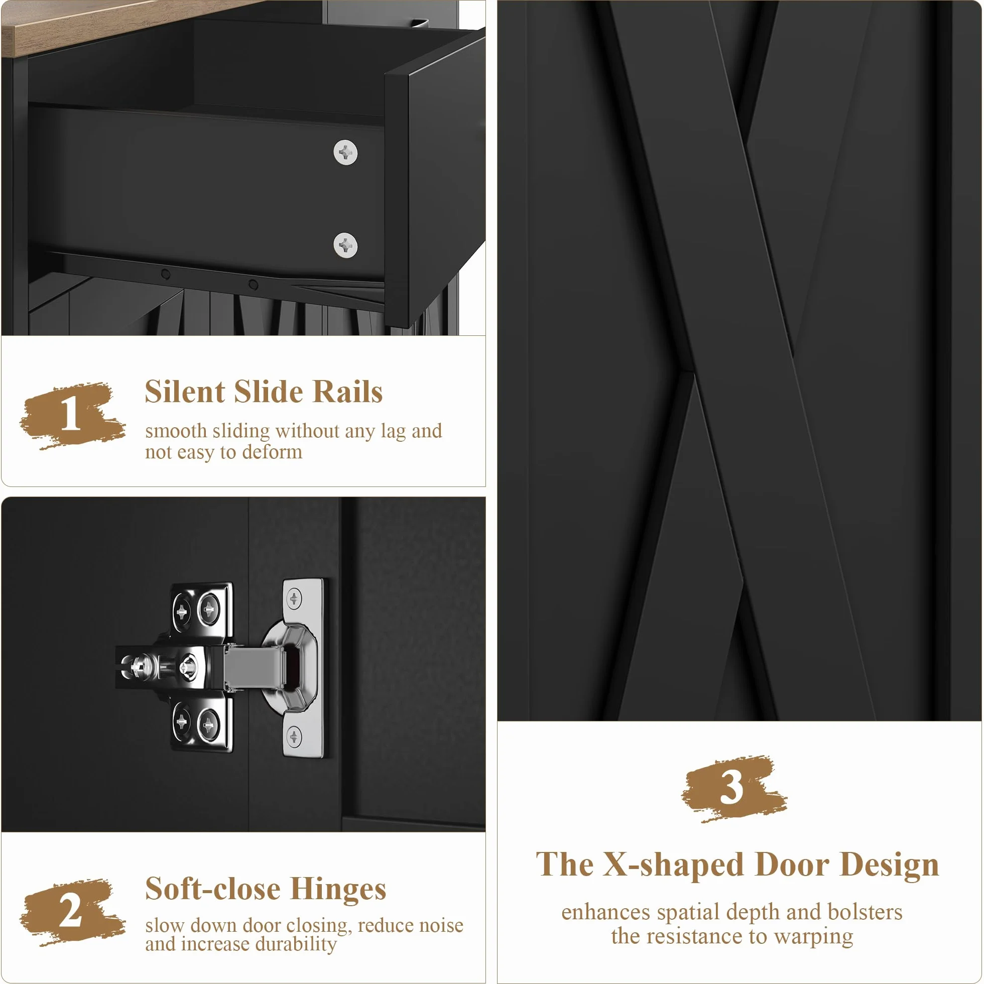 HOCSOK 120 cm Credenza Cucina, Mobile Cucina con 2 Cassetti e 4 Armadi，Buffet Mobile Moderno, Credenza Soggiorno, Mobile per Cucina Ingresso Foyer, Sala da Pranzo, Nero +Marrone