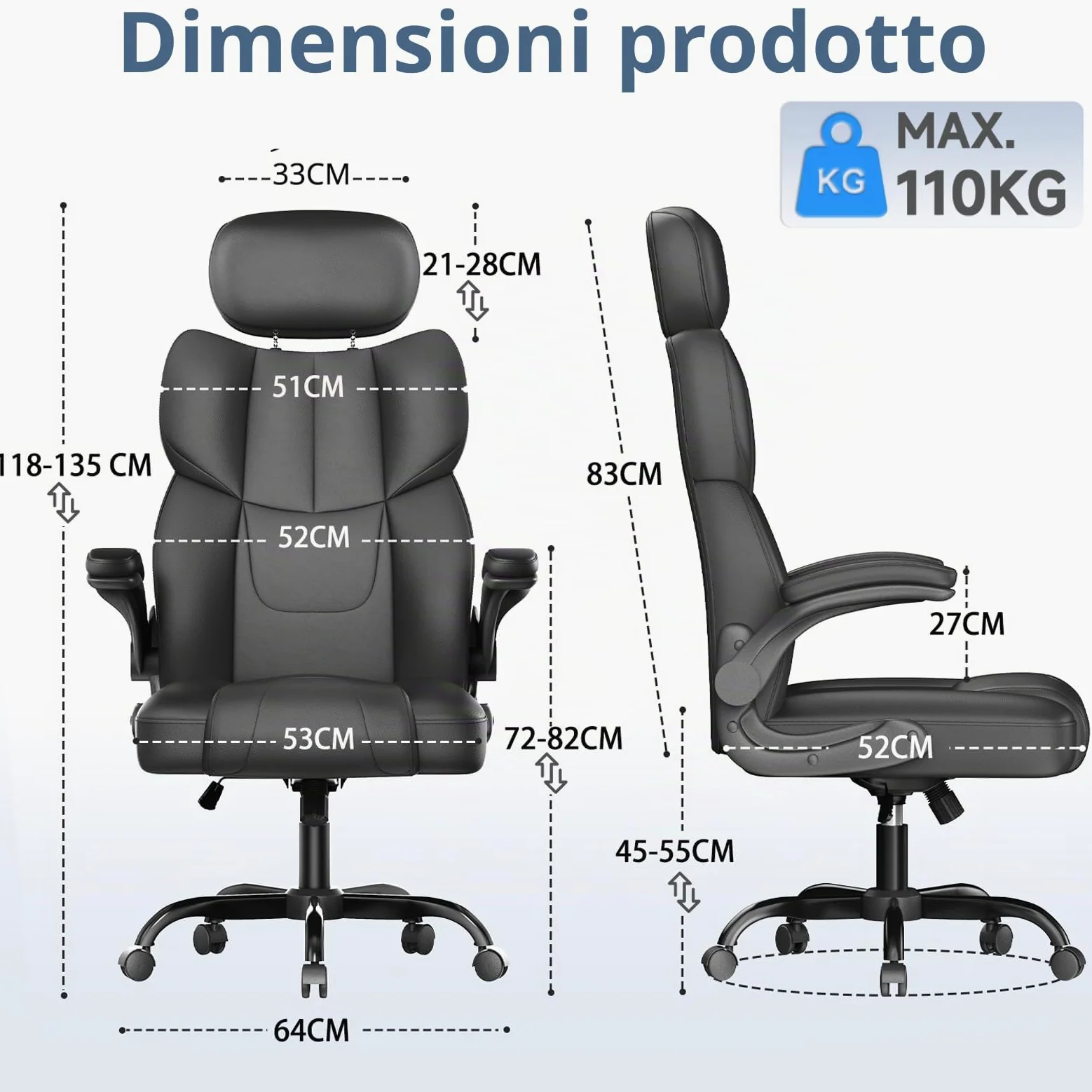naspaluro Sedia Ufficio Ergonomica con Braccioli Regolabili, Sedia Scrivania con Rotelle, Poltrona Direzionale PU, Supporto Lombare, Schienale Alto 83 cm, Altezza Regolabile e Girevole 360°, Nero