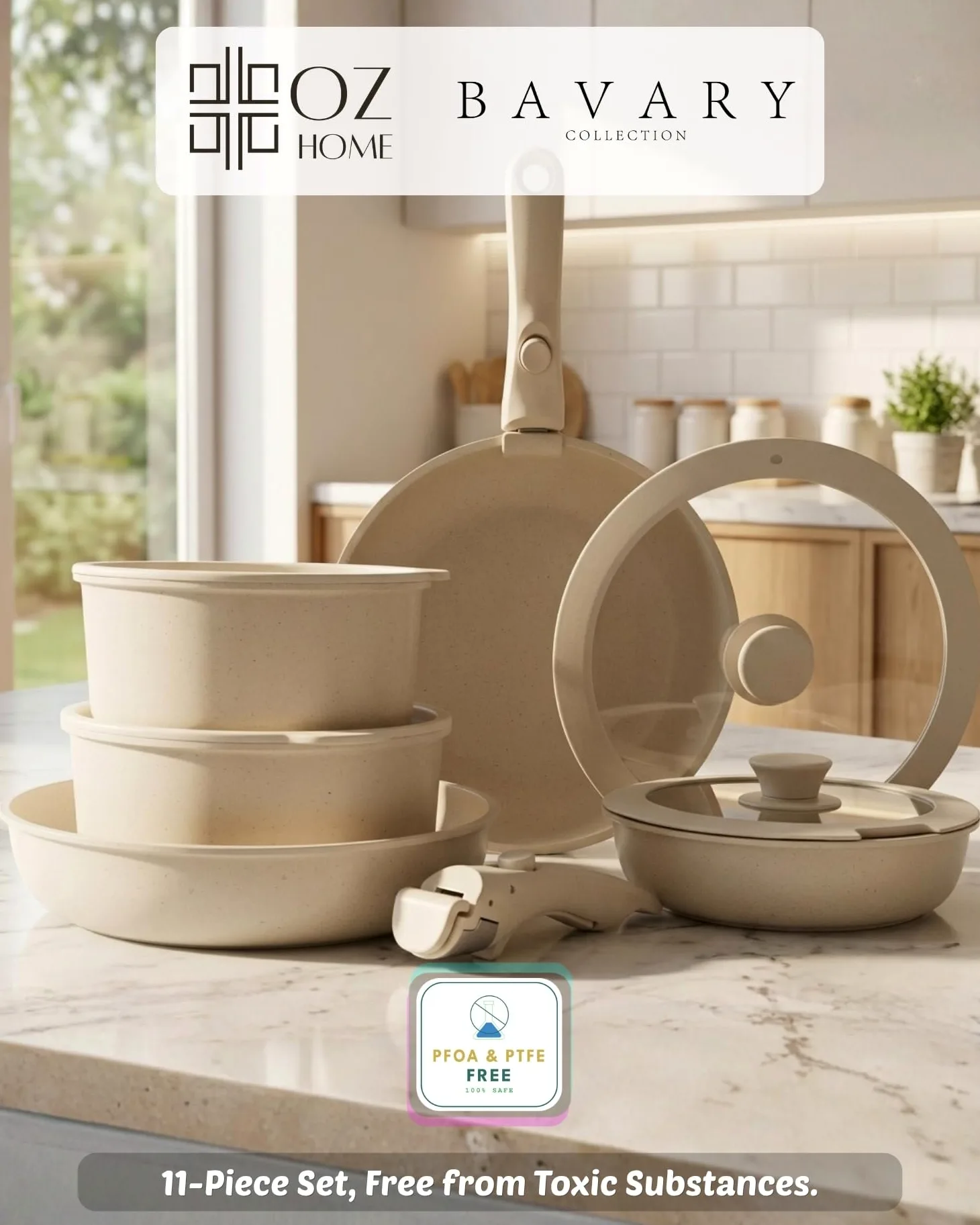 BAVARY Set Pentole Induzione 11 Pezzi - Batteria Pentole Antiaderente, Manico Rimovibile - Set Di Pentole Impilabile, Lavabile In Lavastoviglie, Tutti I Piani Cottura, Cucina Completa, Crema/Beige