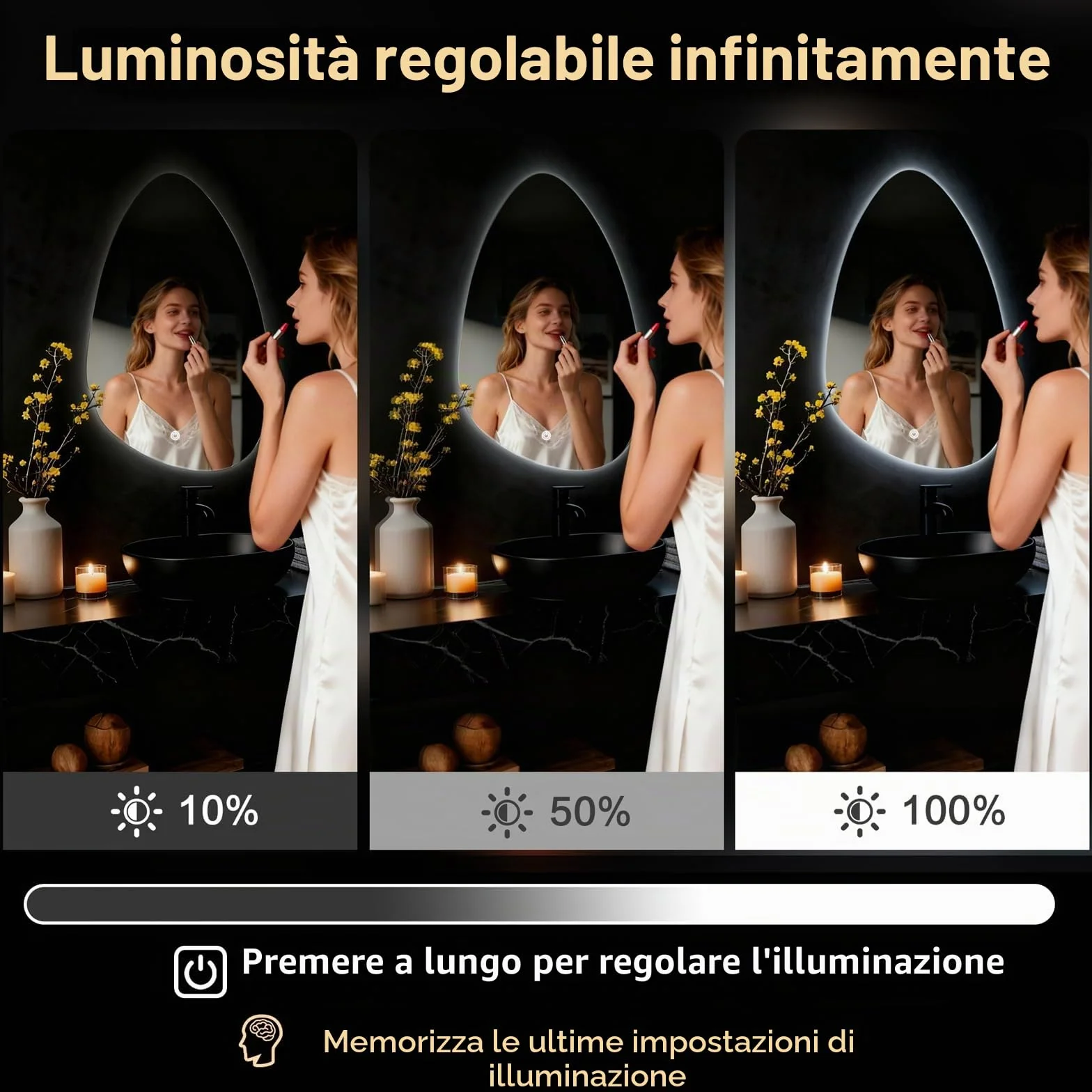 Specchio da parete rotondo per bagno, con illuminazione, specchio con luce LED, interruttore touch e 3 colori dimmerabili (60 L x 40 cm)