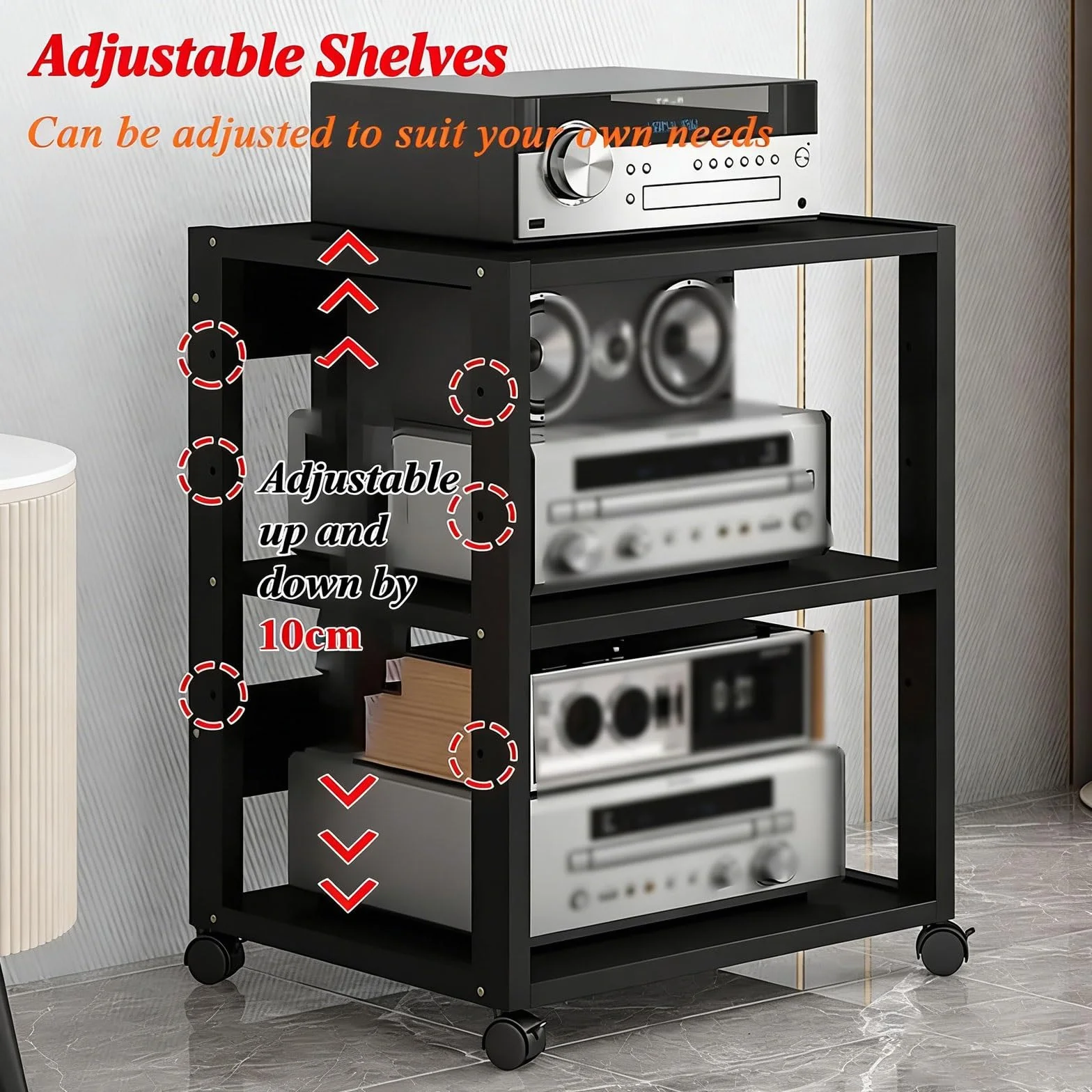 7 Ripiani Mobiletto Hi-Fi Multifunzione A, Av Tower Media Stand Supporto Con Ruote Universali Regolabile Mobiletto Portaoggetti for Casa/ufficio/teatro(Nero)