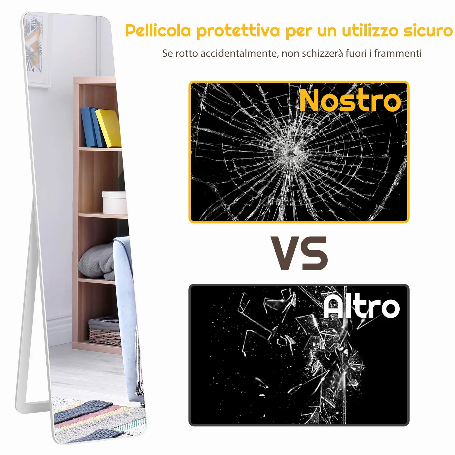 COSTWAY Specchiera da Terra Autoportante a Figura Intera, Specchio Rettangolare, Angolo Regolabile, 2 Metodi di Installazione, Bianco 160x37cm