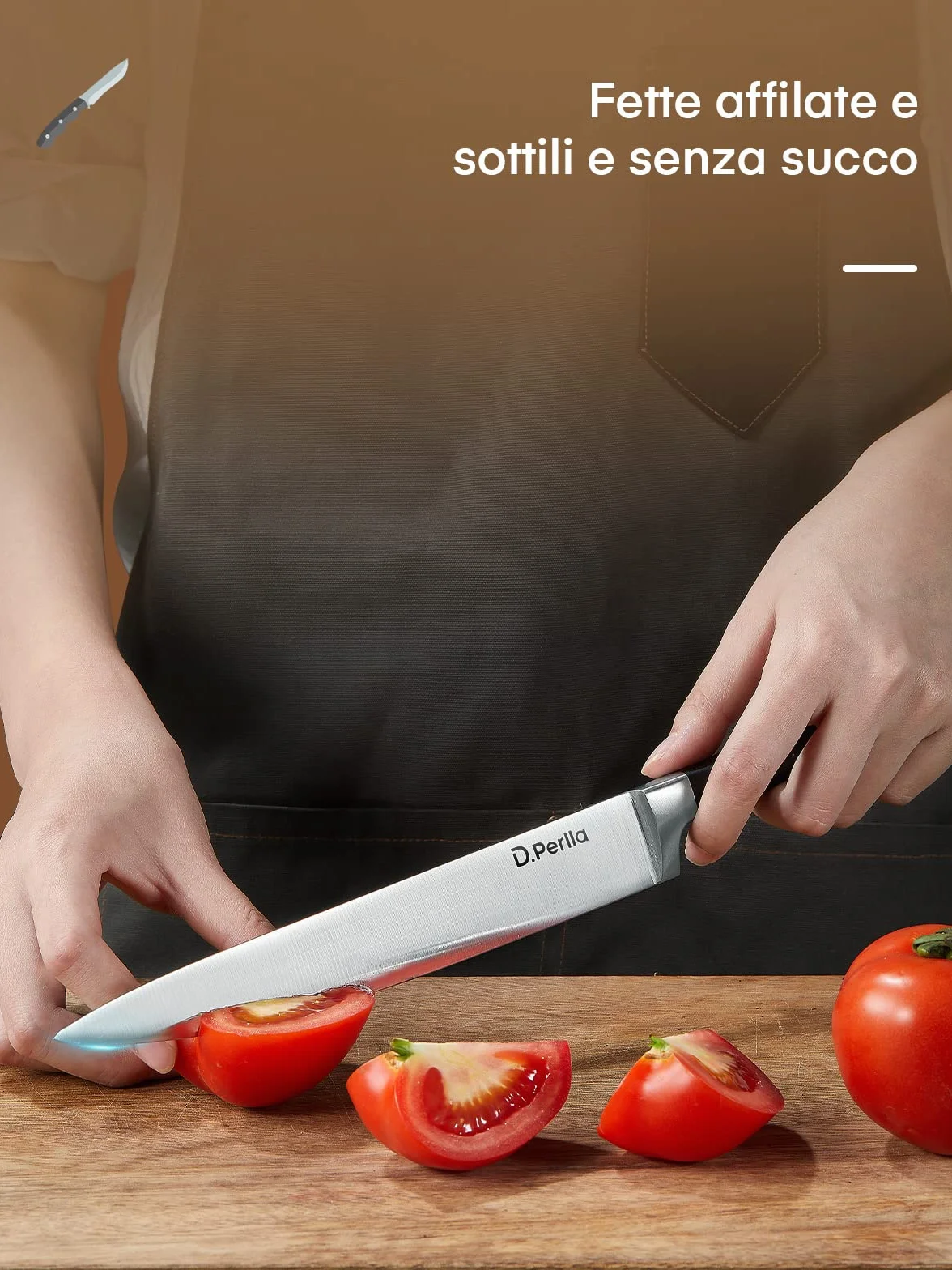 D.Perlla 6 Pezzi Set di Coltelli da Cucina, Set Coltelli Tedesco X50Cr15 in Acciaio Inossidabile, Ceppo Coltelli Professionali con Blocco in Legno, Coltelli per Frutta e Verdura