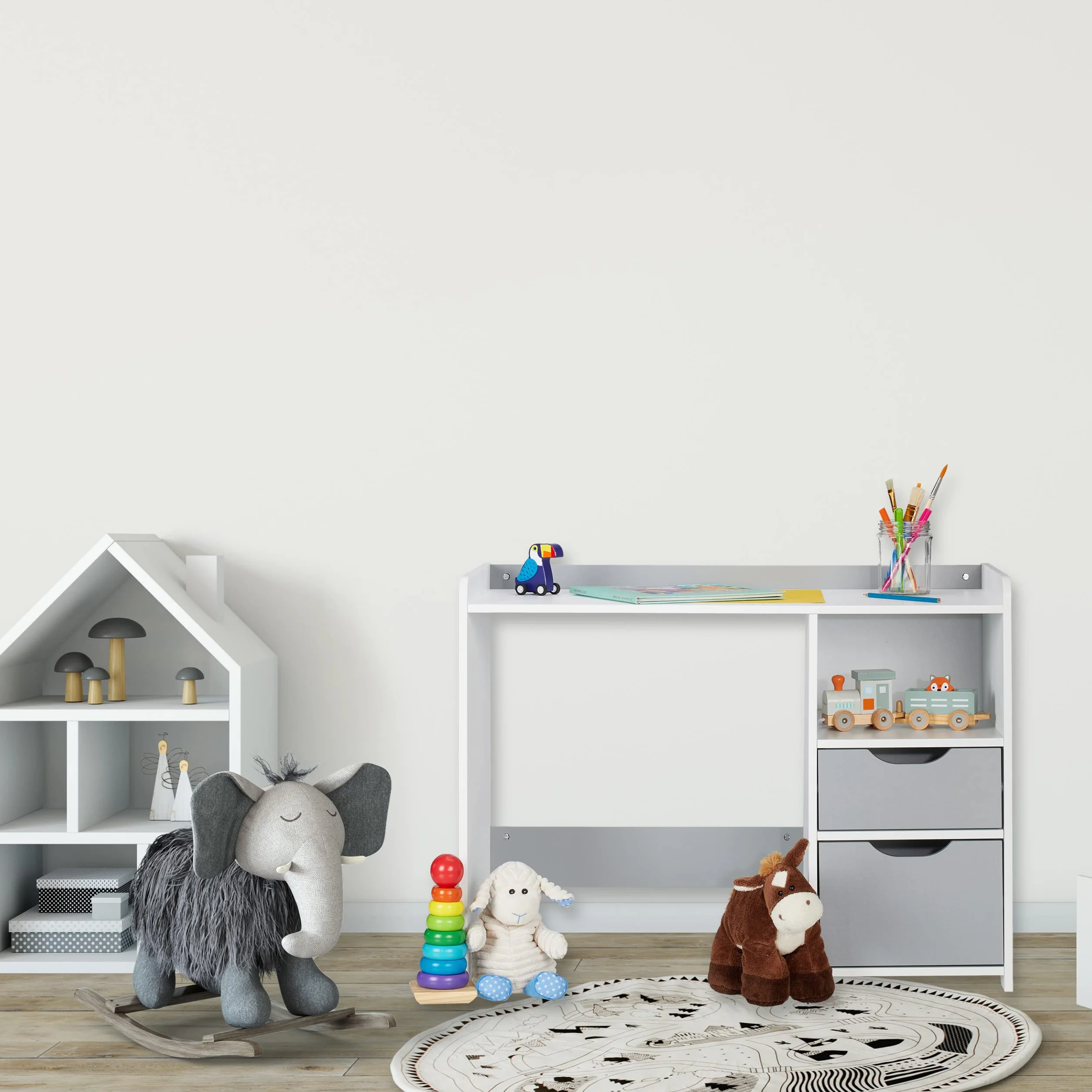 Relaxdays Scrivania per Bambini, 2 Cassetti, Ripiano Aperto, Tavolo per Scolari, HxLxP 60x80x38 cm, MDF, Bianco Grigio