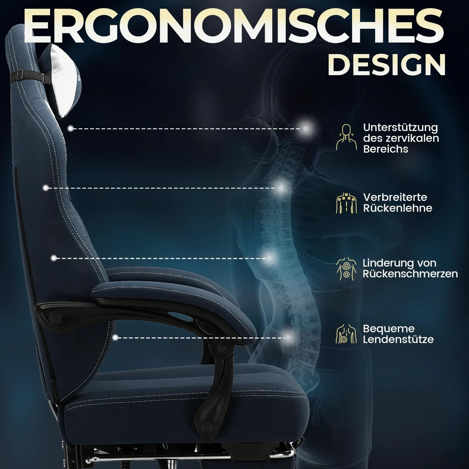 GTPLAYER Sedia da Gaming in Tessuto, Sedia da Ufficio con Supporto Lombare Integrato, da Ufficio, con Cuscino a Molla e Poggiapiedi, Schienale Ispessito, ergonomica per blu