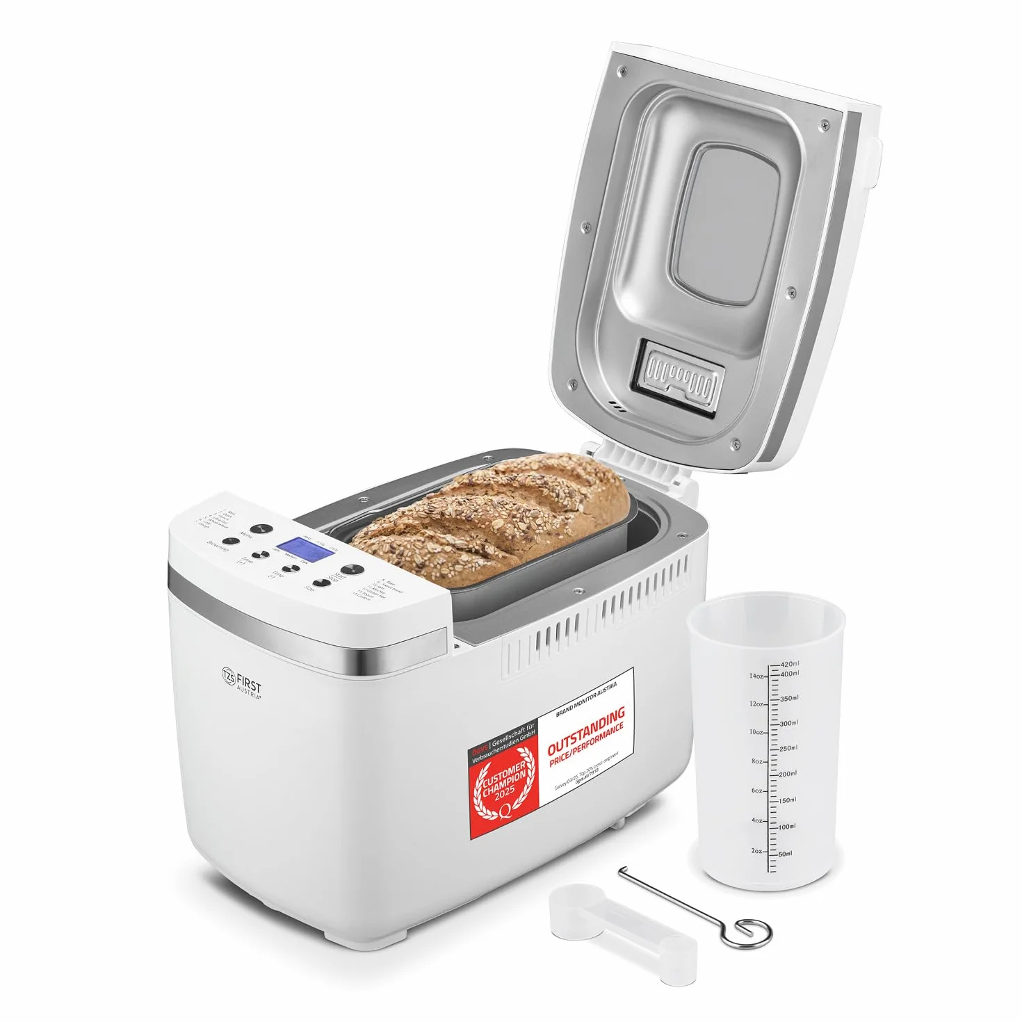 TZS First Austria - Macchina del Pane 850W - Per pane da 900g & 1350g - 14 Programmi automatici - Doratura regolabile, Timer & Funzione mantenimento calore