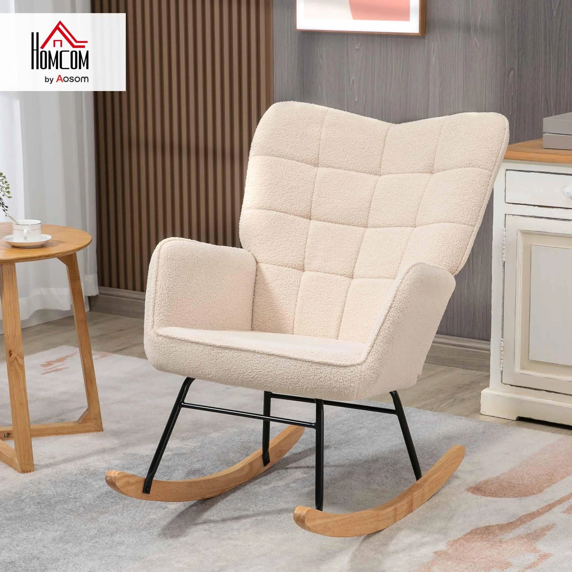 HOMCOM Sedia a Dondolo da Interno Imbottita, Poltrona a Dondolo Relax in Pile Berbero con Braccioli, Struttura in Acciaio e Gambe in Legno di Faggio per Soggiorno e Camera da Letto, Beige