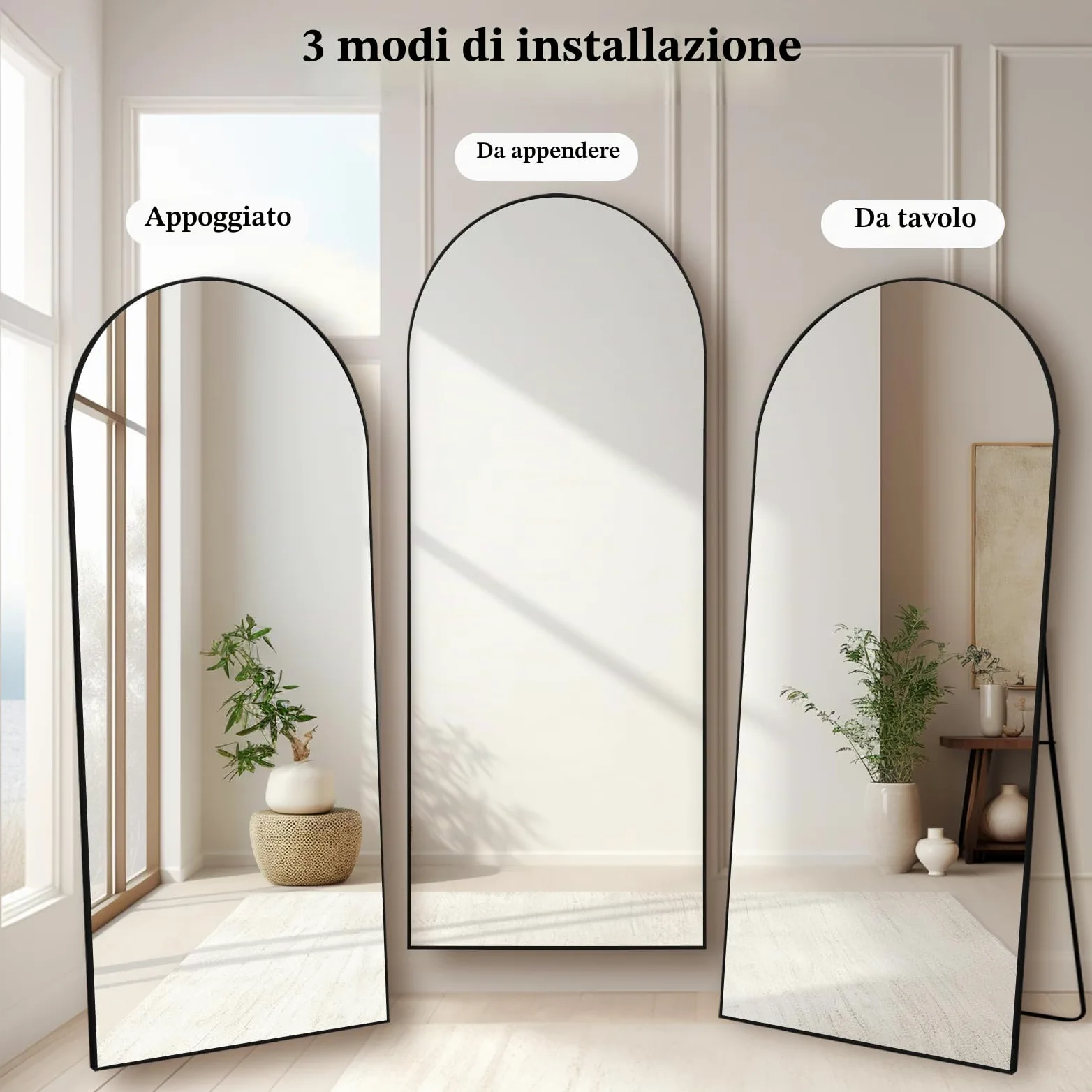 Arco Specchio da terra parete lungo 65x179 CM grande intero specchio da parete con cornice in Nero Alluminio, da appoggiare o da appendere, per soggiorno, camera da letto, corridoio