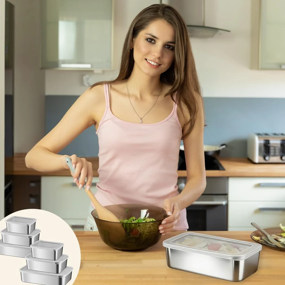 6Pzs Contenitore Acciaio Inox per Alimenti Contenitori per Salumi | Contenitori in Acciaio Inox con Coperchio Impilabili Contenitori con Coperchio Pranzo Acciaio Inox per Carne Verdura Frutta