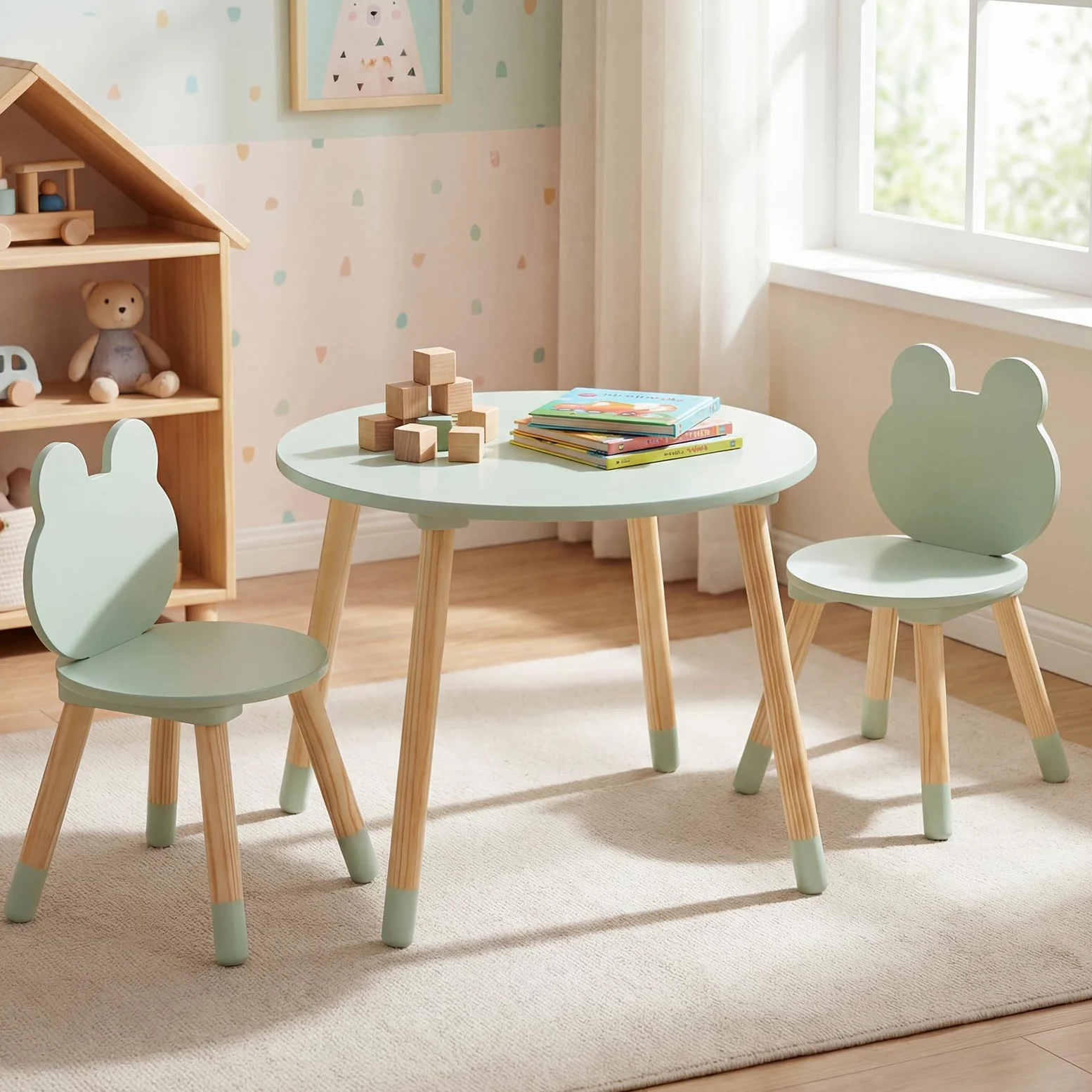 COSTWAY Set Tavolo e Sedie per Bambini, Tavolino e 2 Sedie a Forma di Rana con Gambe in Legno e Angoli Arrotondati, Set Mobili Salvaspazio per Bambini 3+ Anni per Cameretta Ragazzi (Verde)