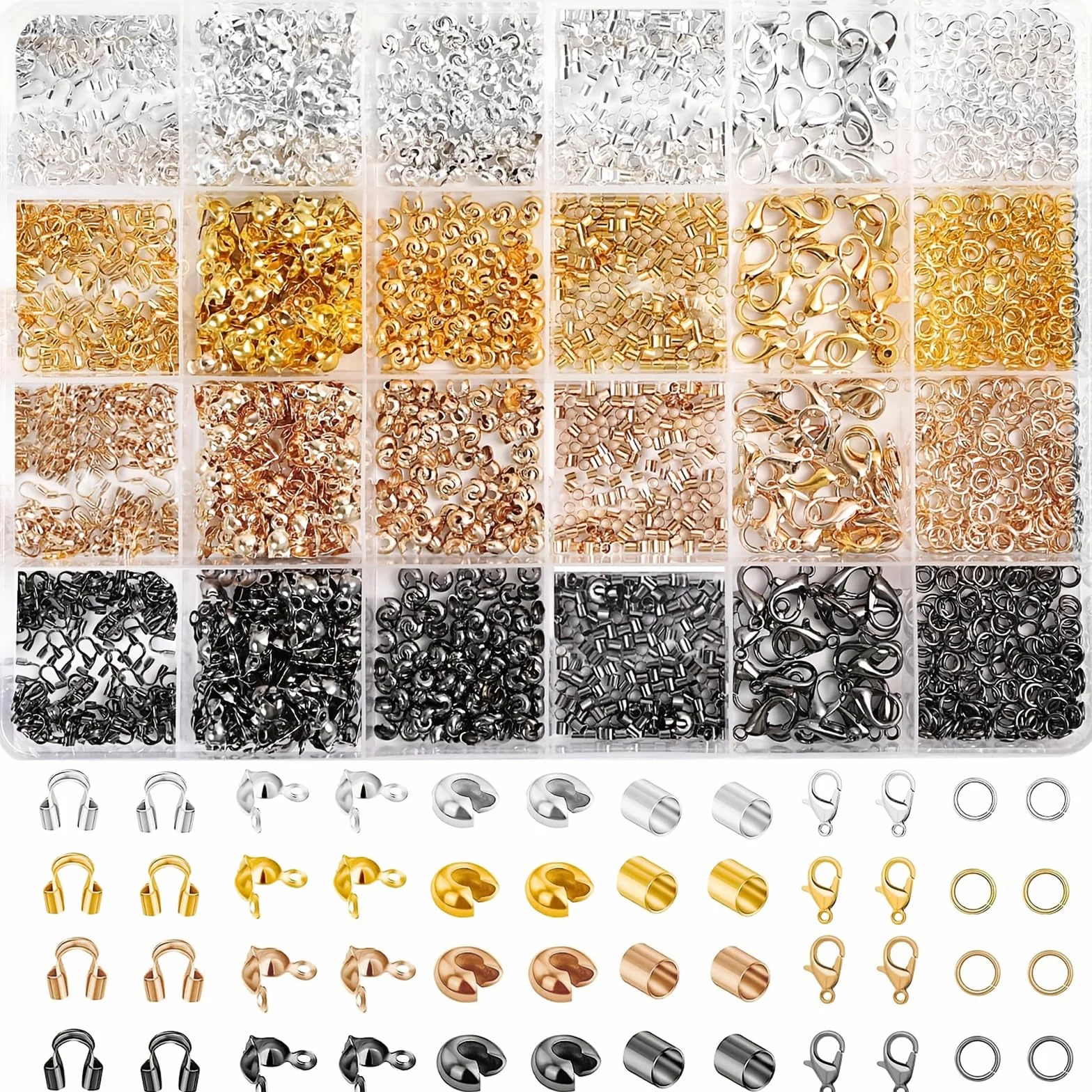 Bikasunchiusura per bracciale, 2160 pezzi, set di chiusura per braccialetto, Chiusura a catena, chiusura con aragosta, perline crimp, perline schiacciate (oro, argento, oro rosa, nero)