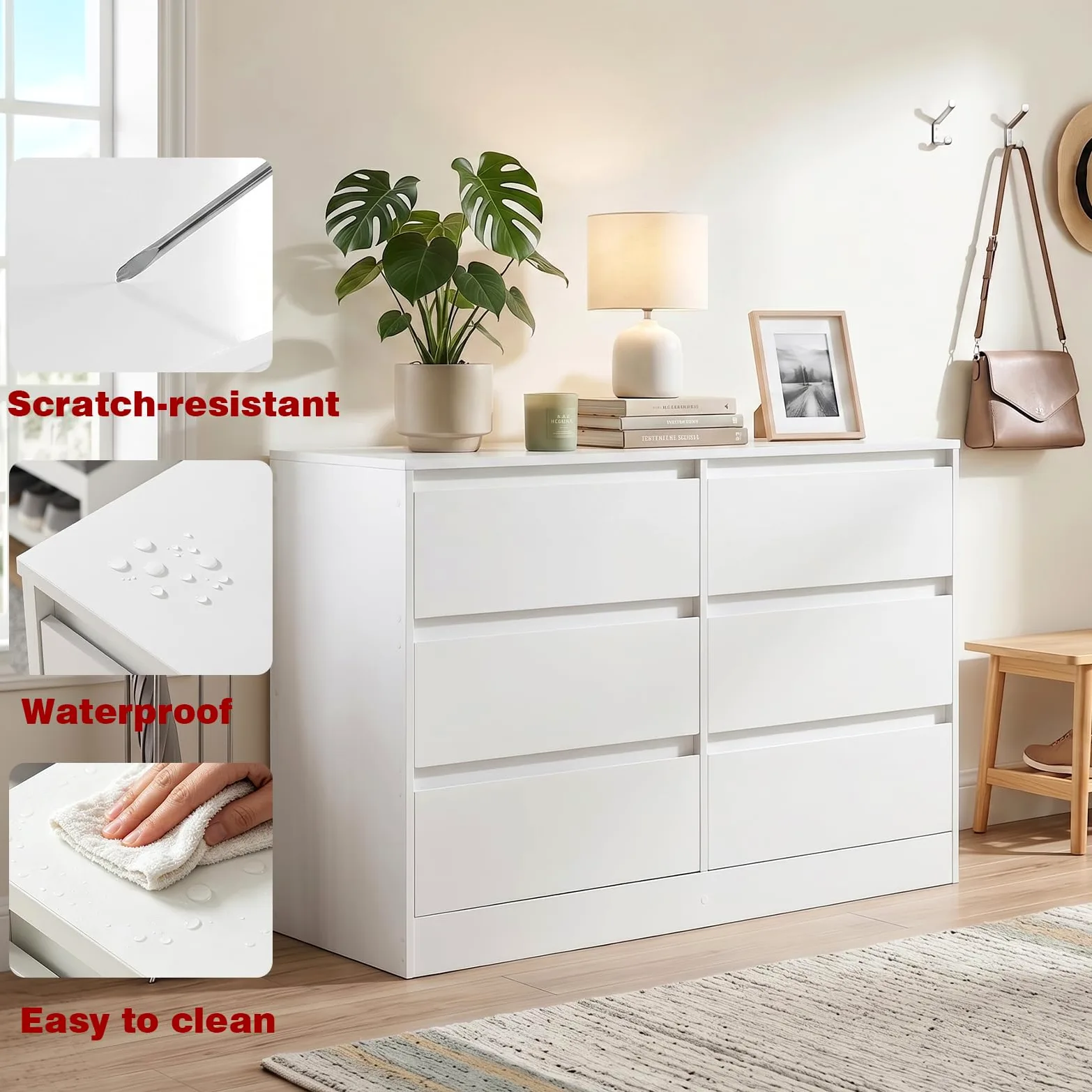 Cassettiera Camera da Letto, Moderna Comò Camera da Letto in Legno, per Soggiorno, Sala da Pranzo e Corridoio, 100 x 37 x 69 cm，Bianco