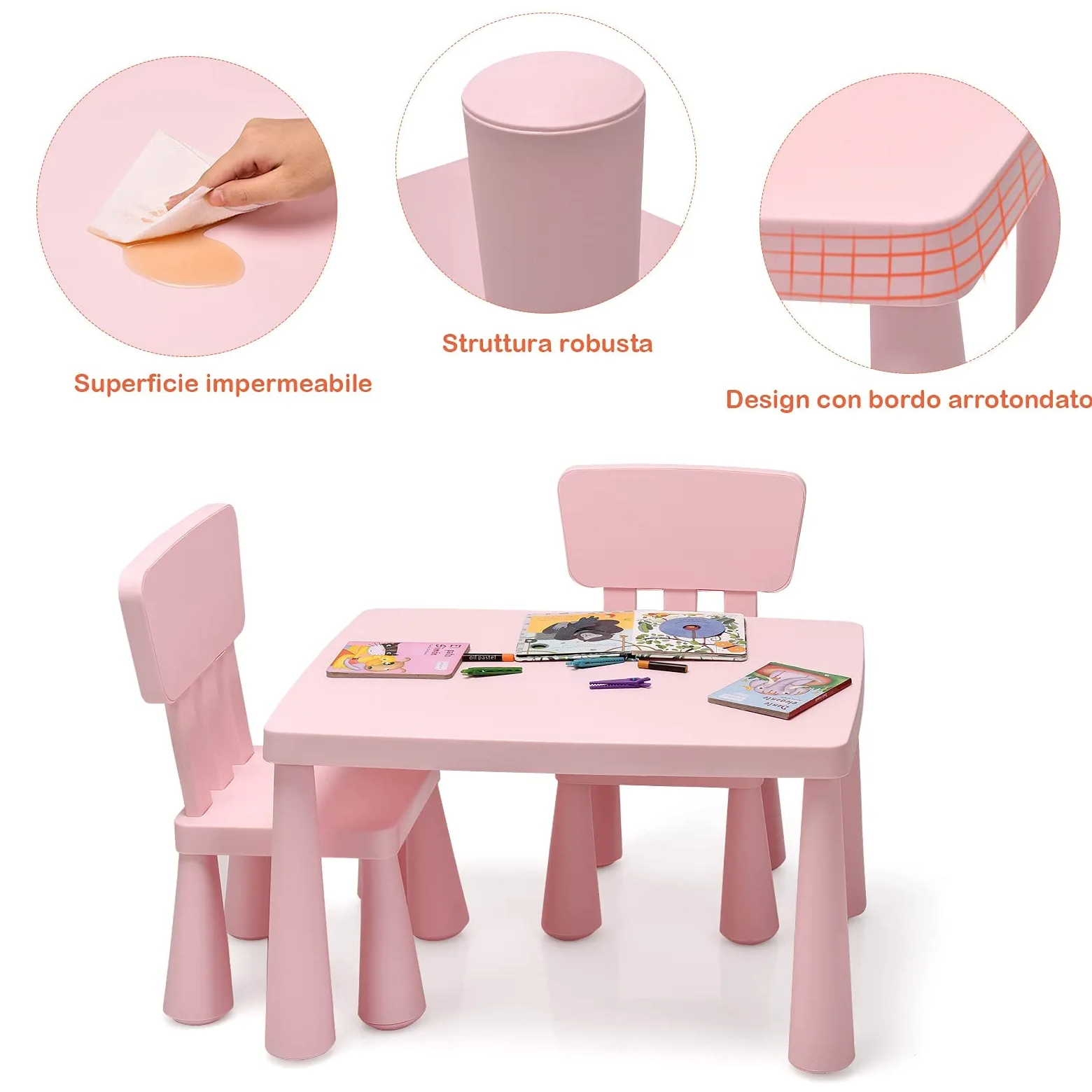GYMAX Set Tavolino per Bambini con 2 Sedie di Plastica, Tavolino e Sedia per bambini, per Mangiare, Leggere, Dipingere, Adatto a 1-7 Anni (Rosa)