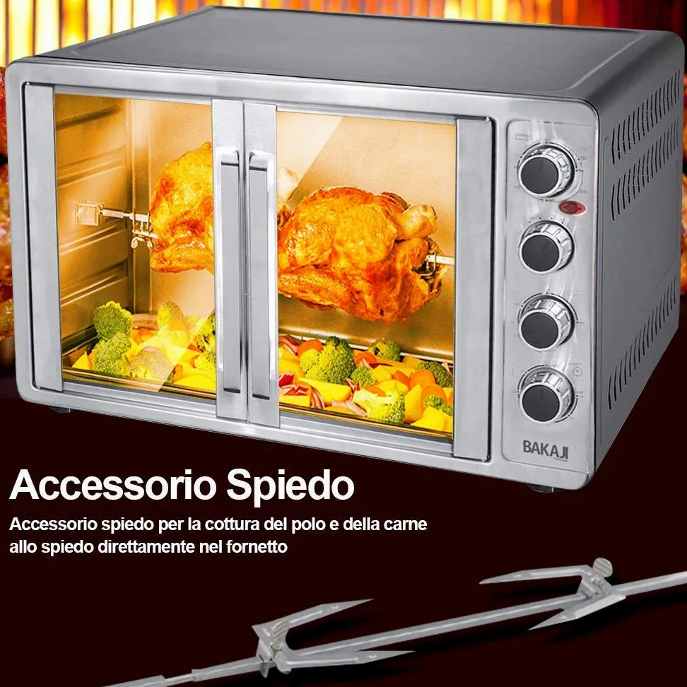 Bakaji Forno Fornetto Elettrico Ventilato 55 Lt Potenza 2200W con Doppia Porta Luce Interna 4 Selezioni di Cottura Temperatura Regolabile Timer Girarrosto e Accessori