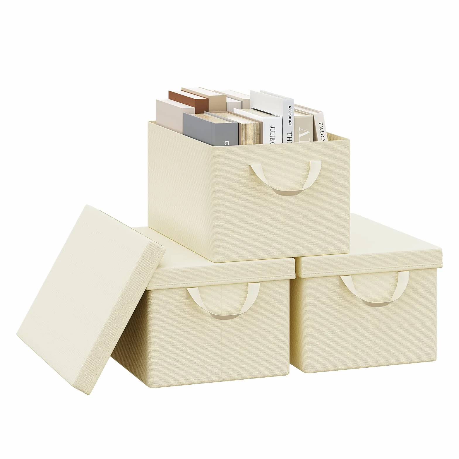 WOLTU Scatola Portaoggetti Pieghevole, Set di 3 Ceste in Tessuto, Cubo Portaoggetti, 38x20x27 cm, Crema
