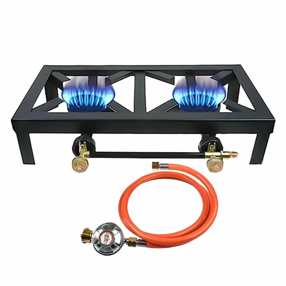 Fornello a Gas da Campeggio con 2 Fuochi,Gas Ghisa 6 KW Con tubo da 1,5 m riduttore pressione da 50 bar per Escursionismo Picnic
