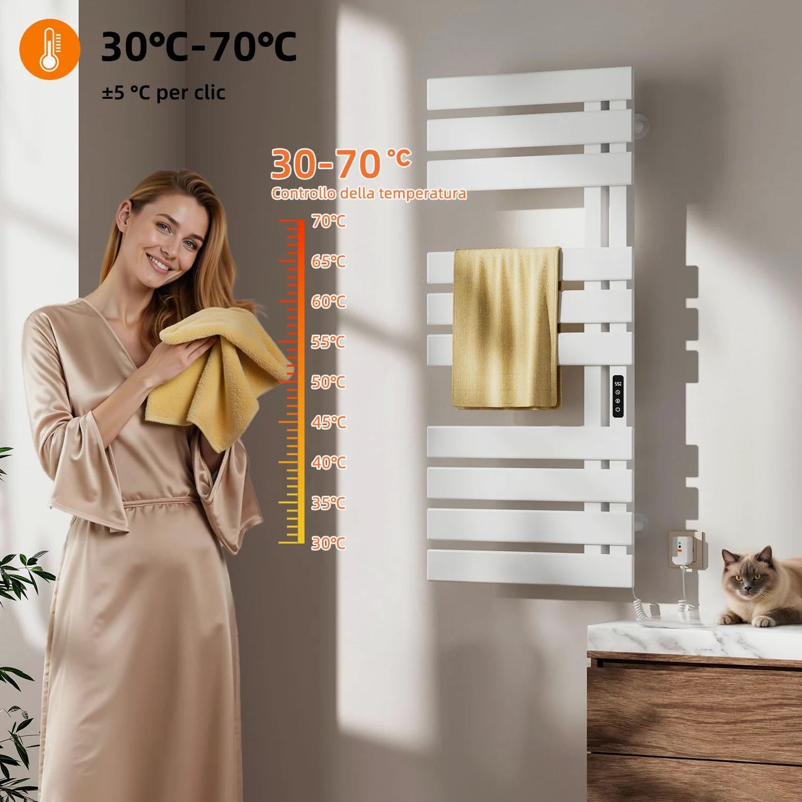 Scaldasalviette Elettrico, Termostato WiFi Smart Scaldasalviette, per Alexa e Google Home e APP, 500x1100 mm, Portasciugamani elettrico, Scaldasalviette Elettrico Bagno Basso Consumo-WIFI White Right