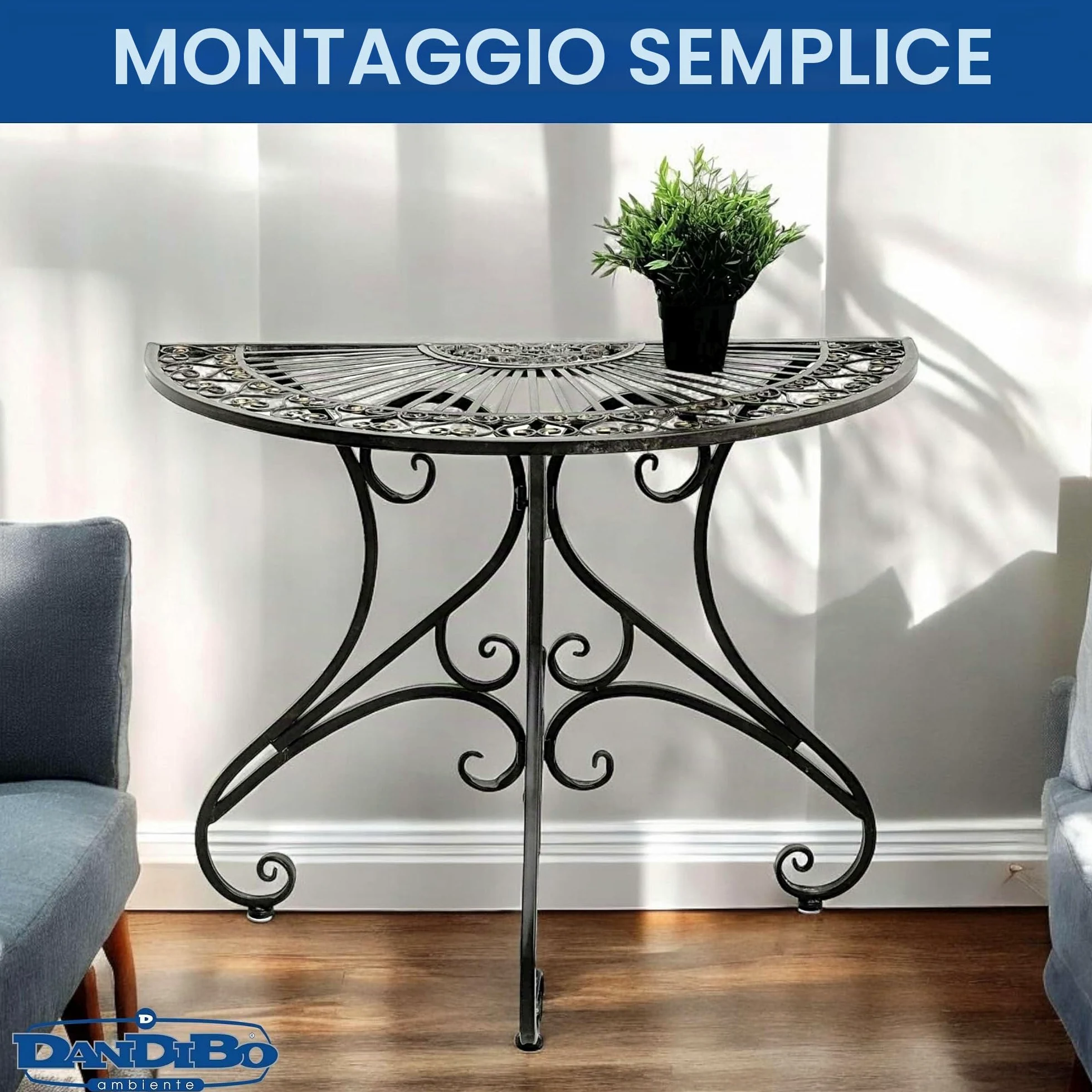 DanDiBo Vigo 19511 - Tavolino da parete semicircolare, in metallo, 90 cm, stile vintage anticato