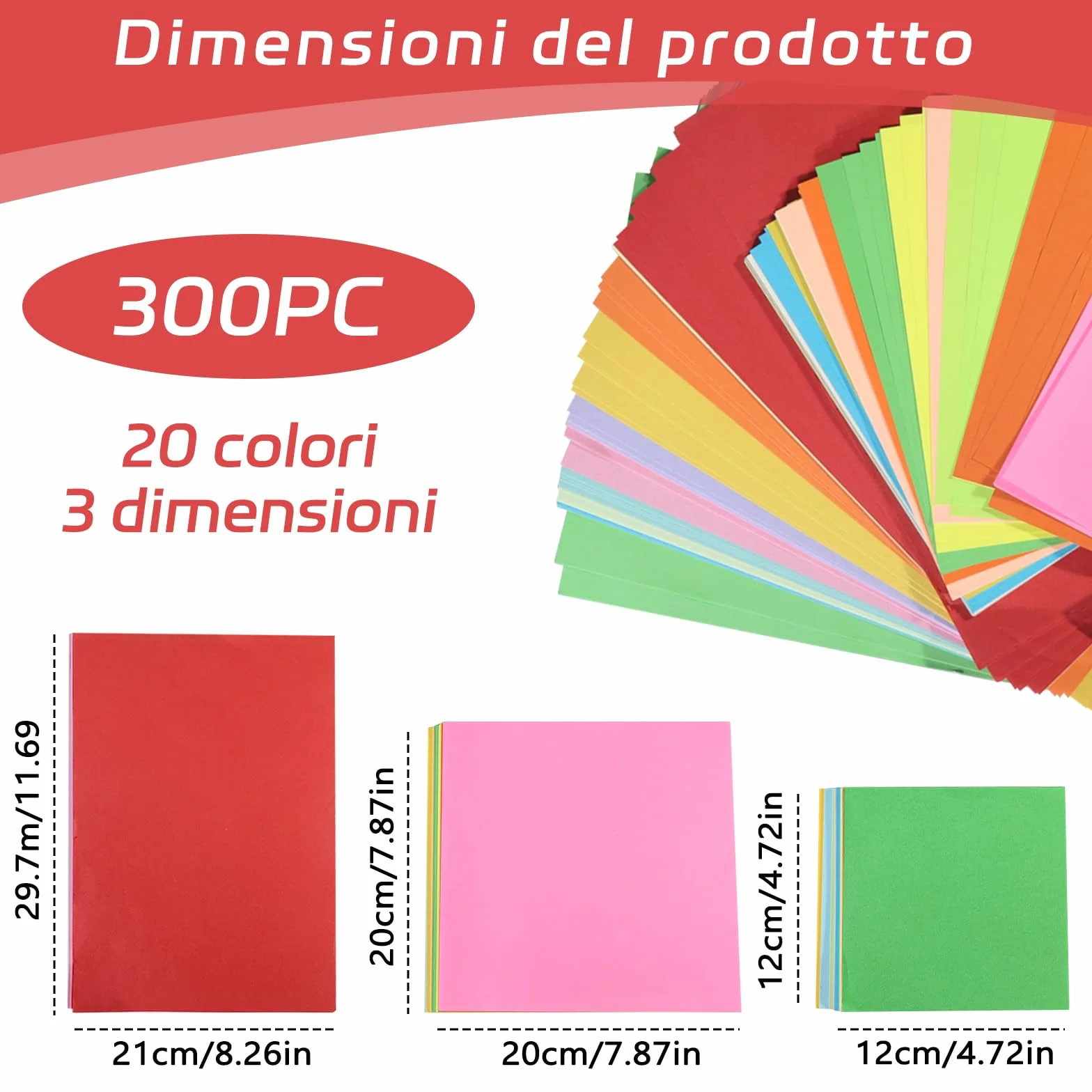 Origami Carta 300 Fogli Colorati 20 Colori A4 21x29,7 cm 20x20 cm 12x12 cm 3 Dimensioni Set