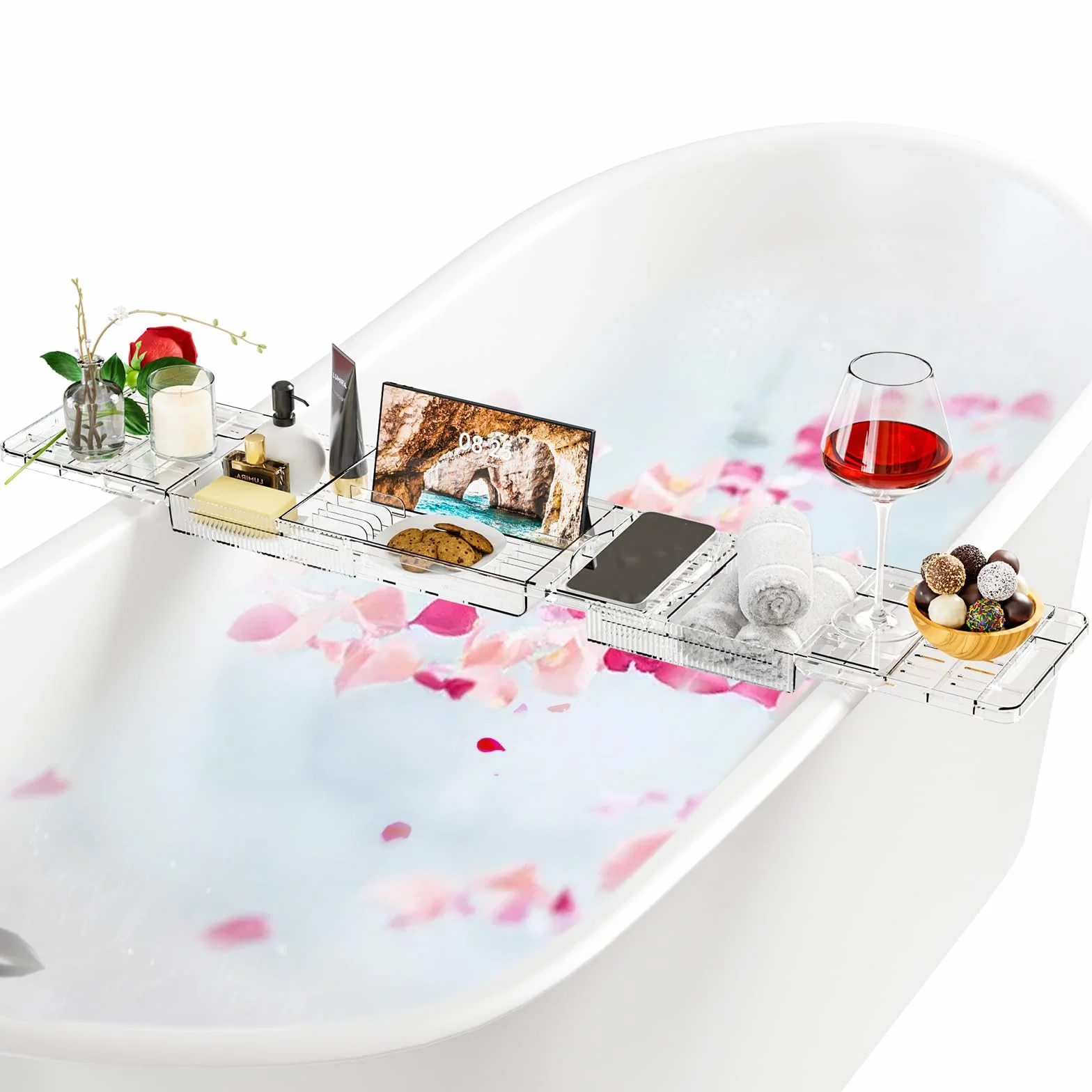 Vassoio per Vasca da Bagno Allungabile in Plastica Trasparente 80-120cm - Mensola con Porta Libro, iPad, Candela - Accessori Relax