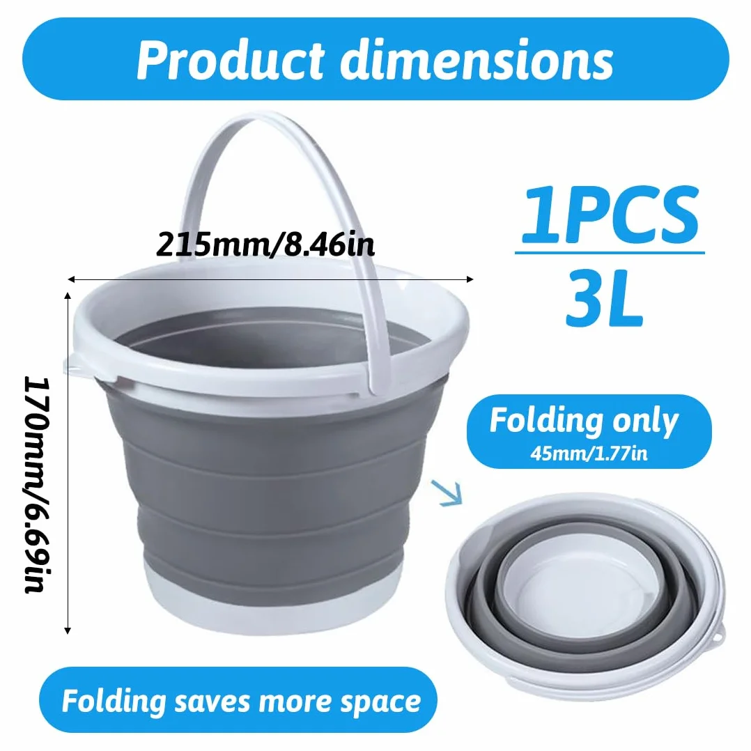 Secchio Pieghevole, Secchio per Pulizie Silicone Richiudibile Salvaspazio, da 3 L con Manici, Catino per Bucato, per Lavaggio Camping, Bacinella Portatile per Esterni, Pesca, Casa & Auto